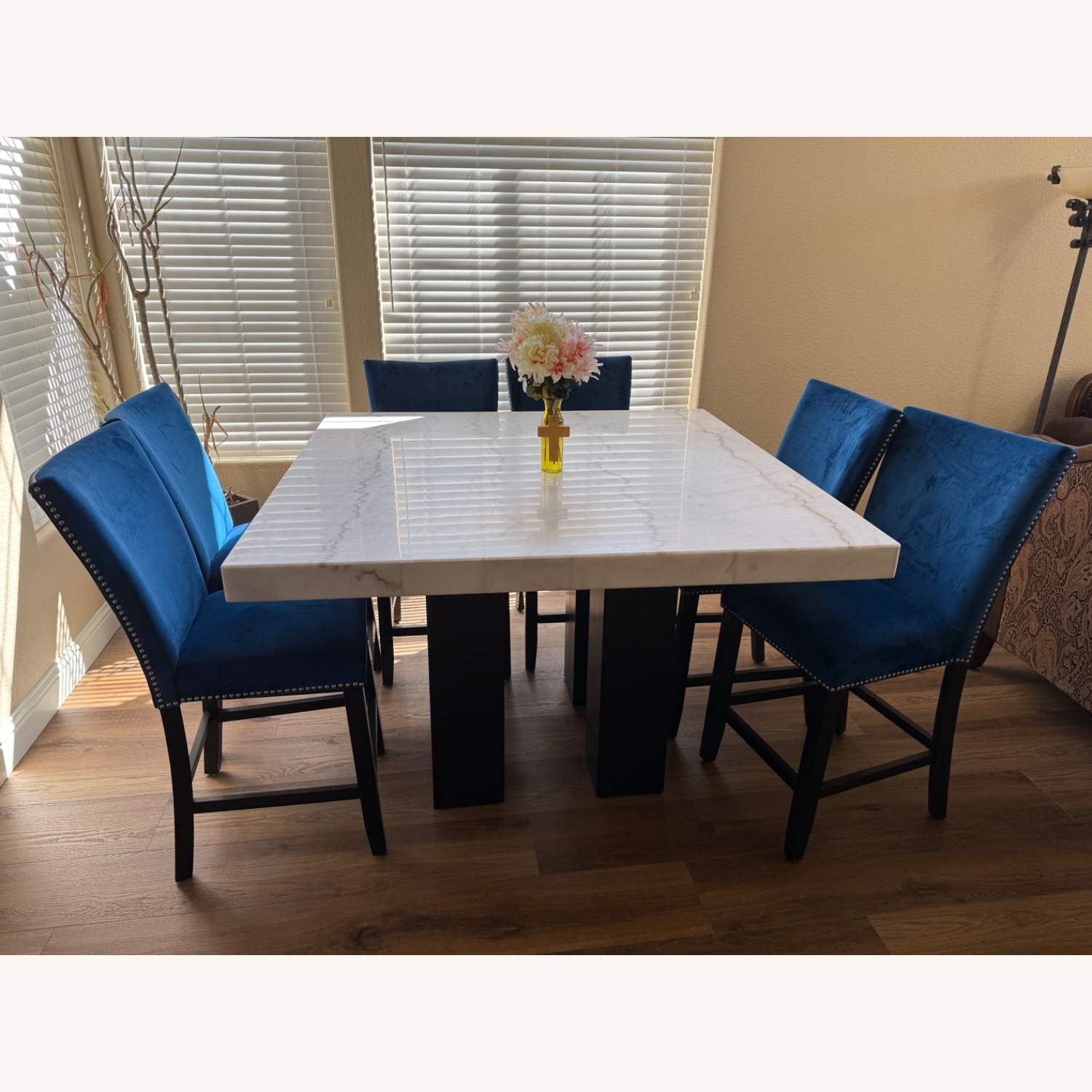 Jerome’s Marble Table with 6 Blue Suede Chairs - image-5