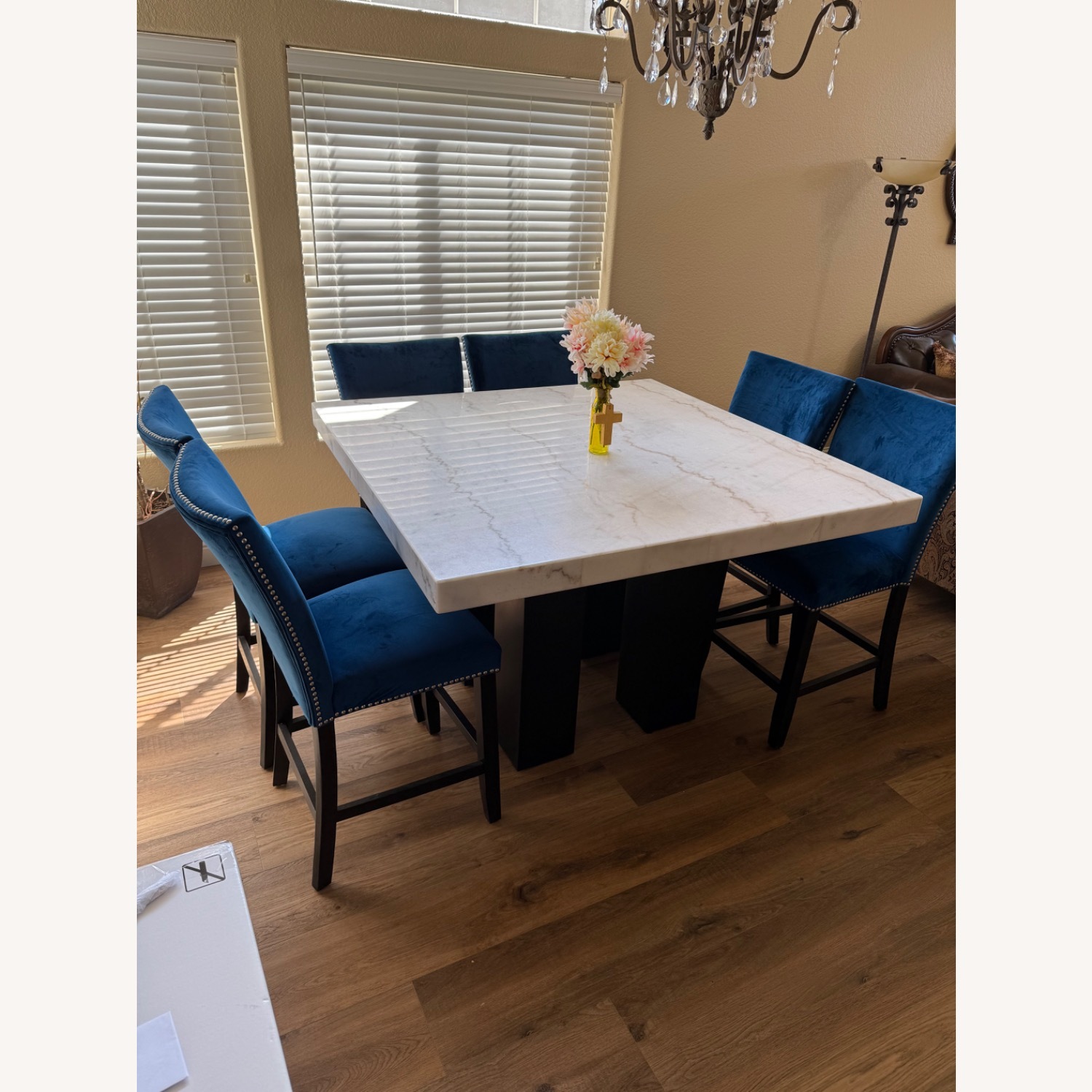 Jerome’s Marble Table with 6 Blue Suede Chairs - image-1
