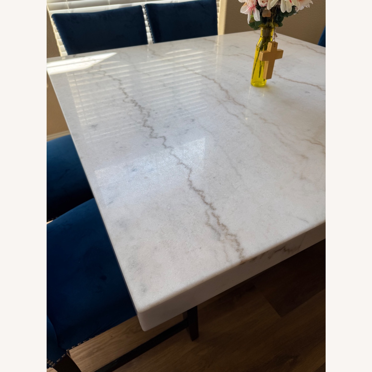 Jerome’s Marble Table with 6 Blue Suede Chairs - image-2