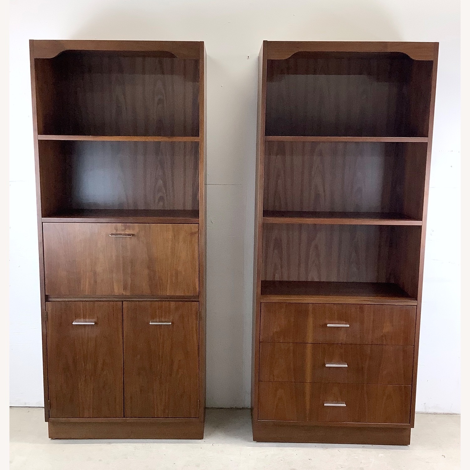 Pair Tall Vintage Modern Bookcases With Bar - image-1