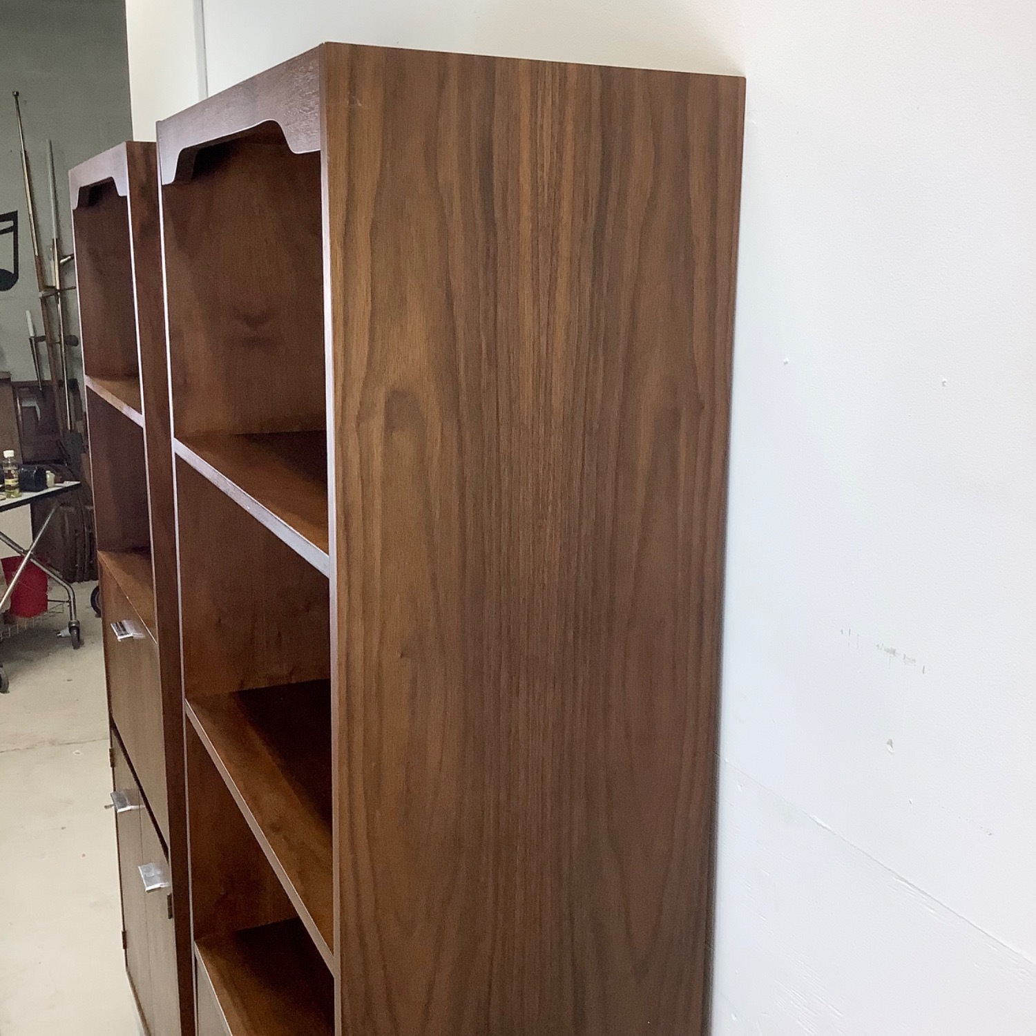 Pair Tall Vintage Modern Bookcases With Bar - image-2
