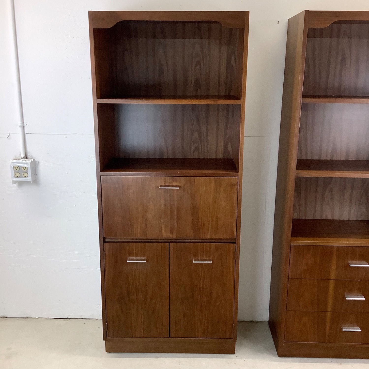 Pair Tall Vintage Modern Bookcases With Bar - image-4