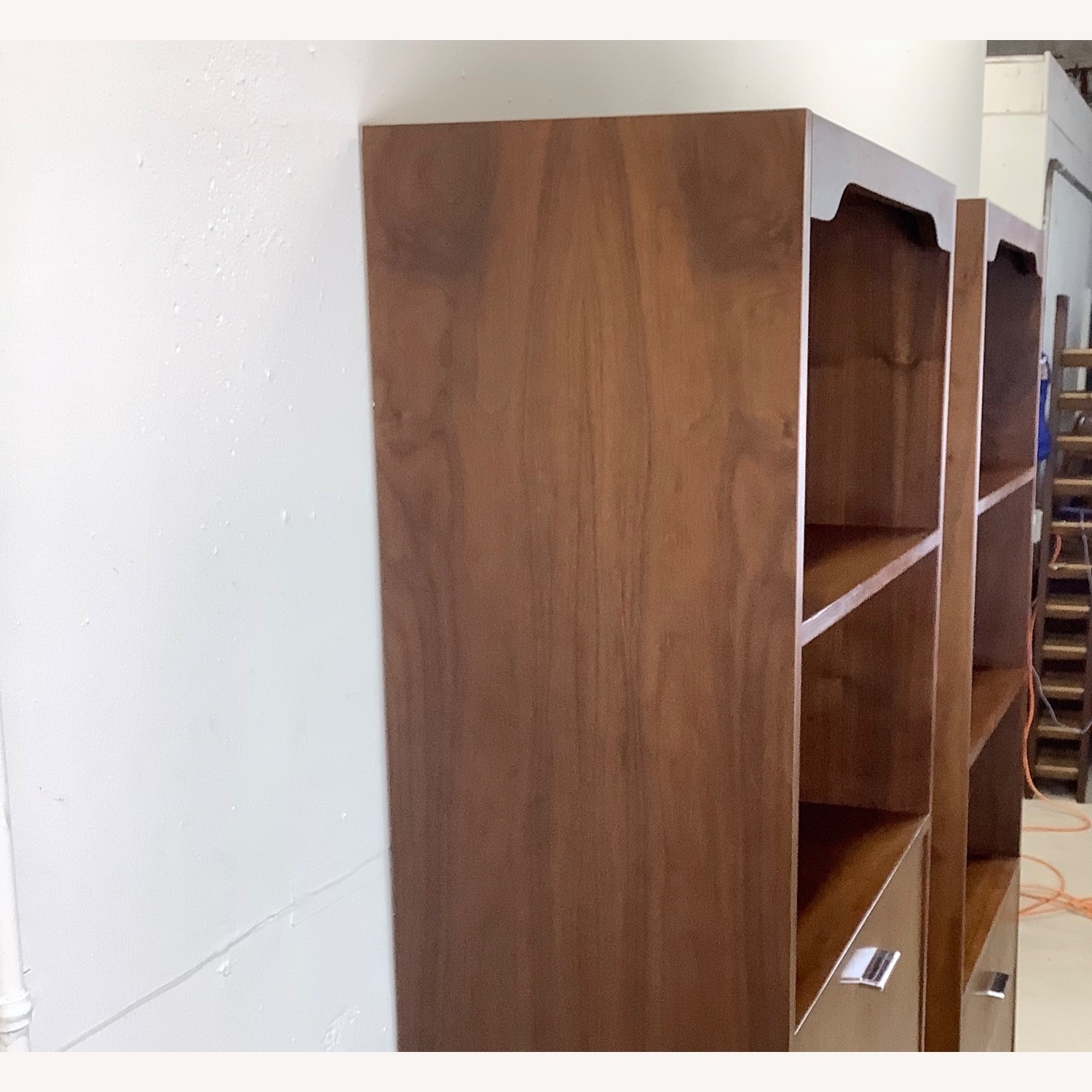 Pair Tall Vintage Modern Bookcases With Bar - image-3