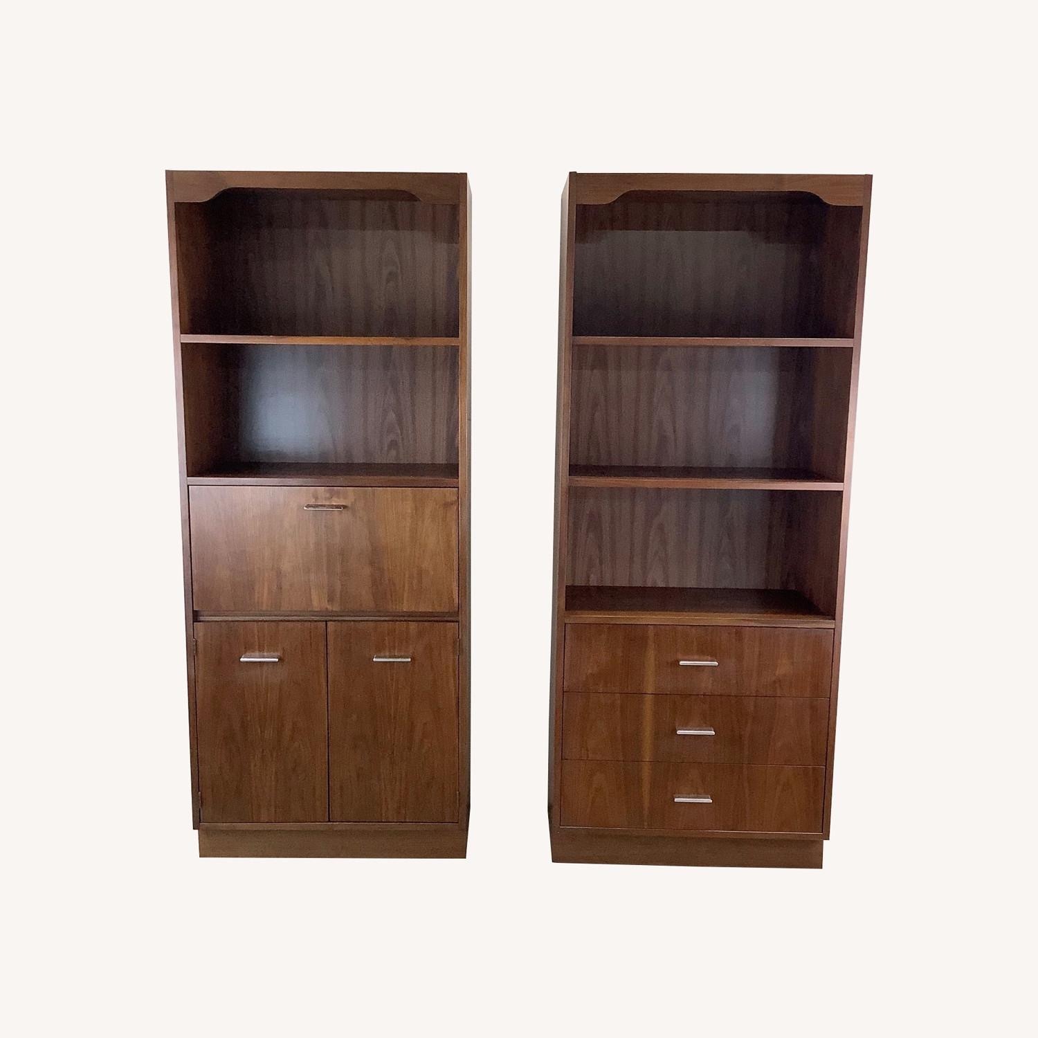 Pair Tall Vintage Modern Bookcases With Bar - image-0