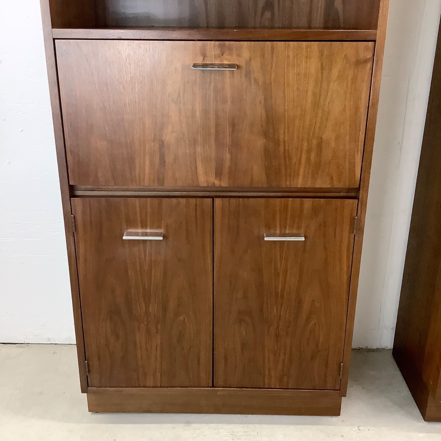 Pair Tall Vintage Modern Bookcases With Bar - image-7