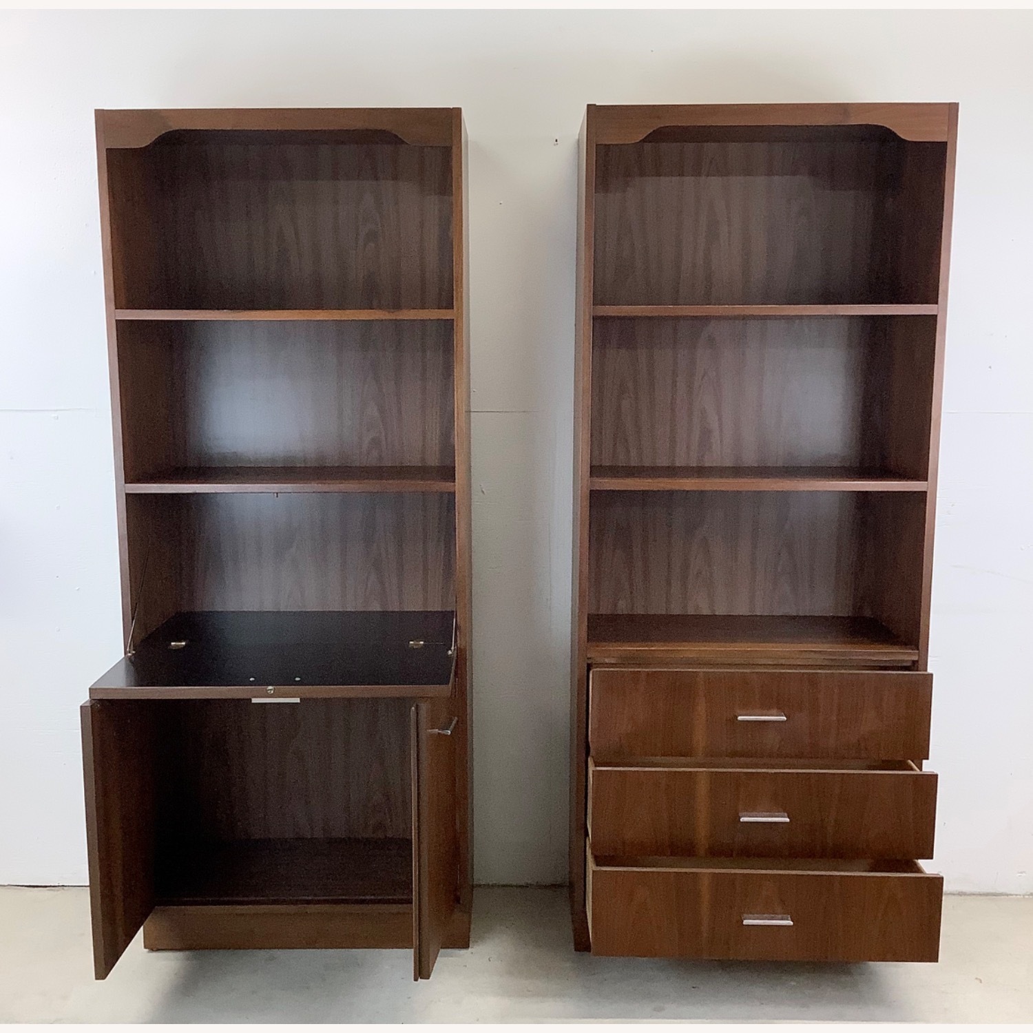 Pair Tall Vintage Modern Bookcases With Bar - image-10