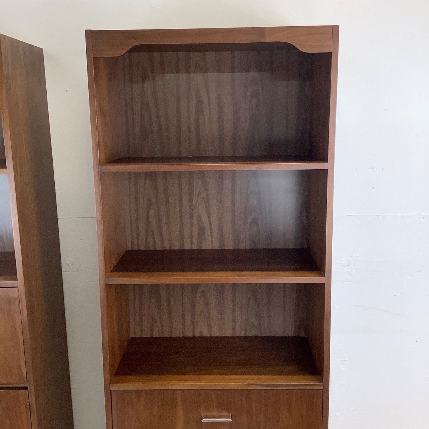 Pair Tall Vintage Modern Bookcases With Bar - image-8