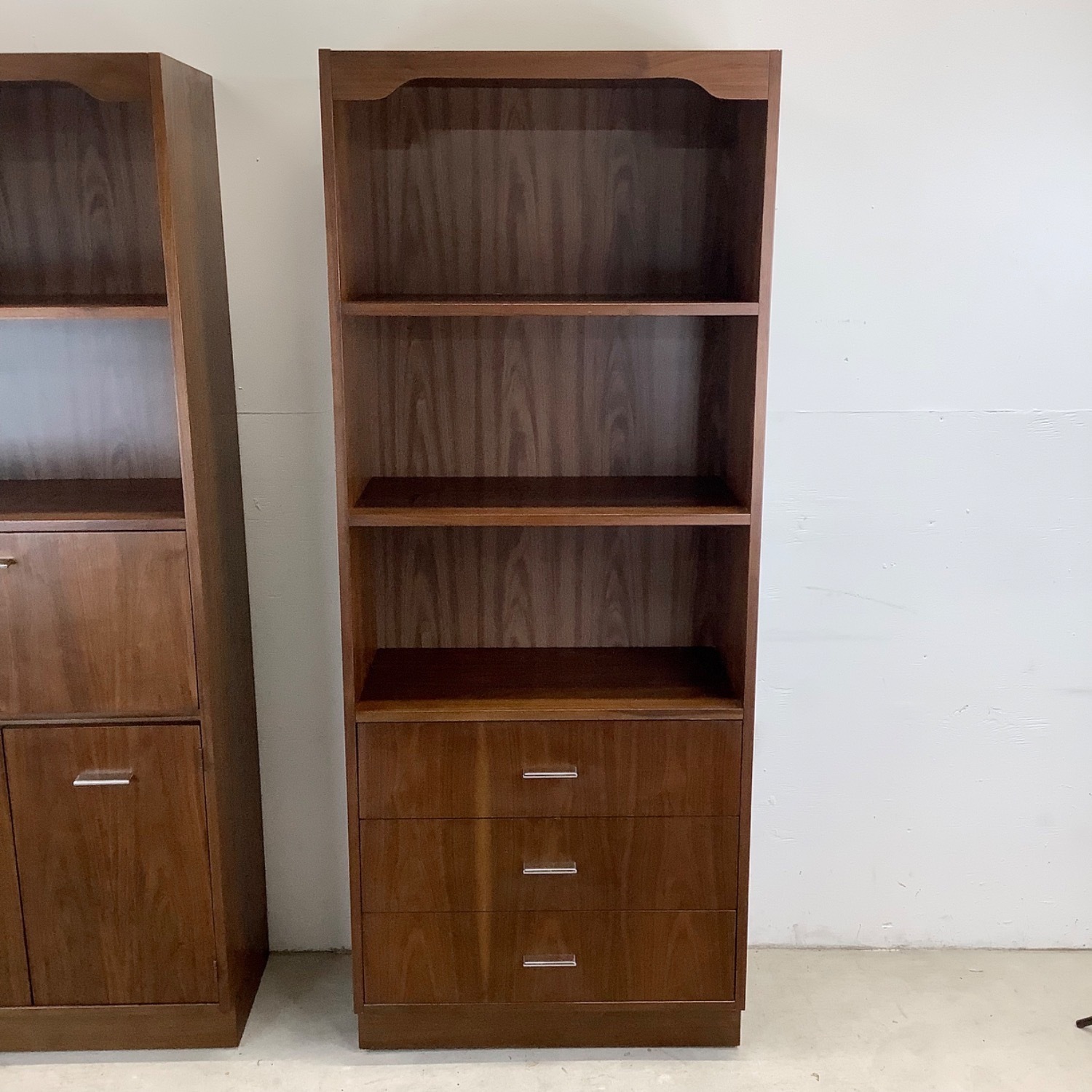 Pair Tall Vintage Modern Bookcases With Bar - image-5