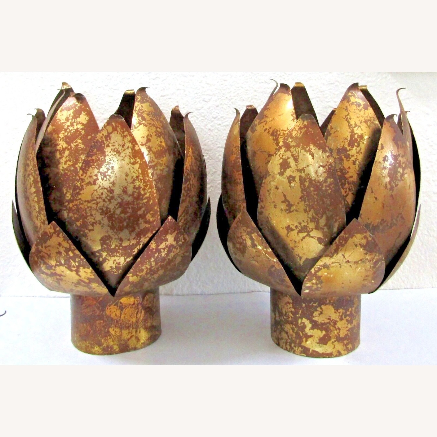 Pair Mid-Century Mod Brass Lotus Candle Holders - image-1