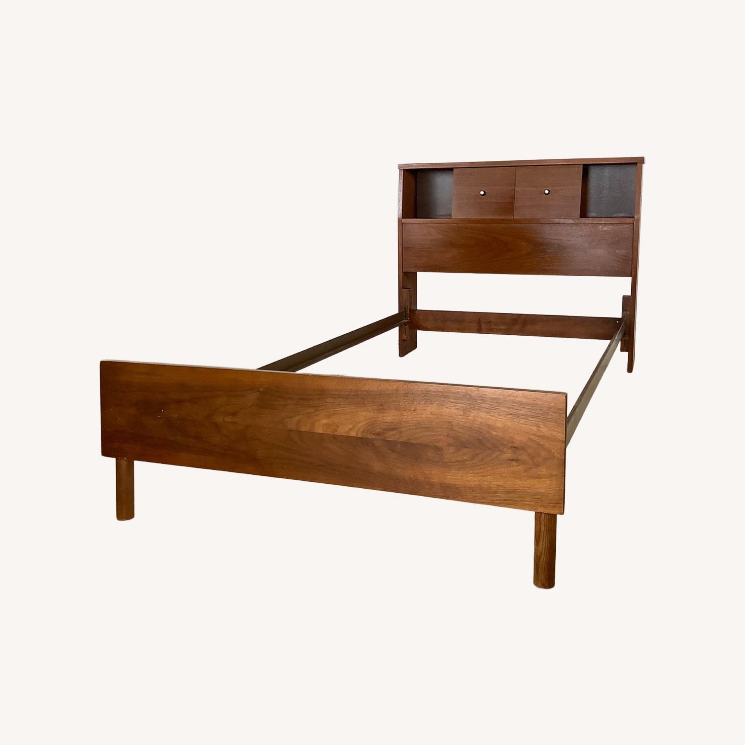 Mid-Century Twin Bedframe With Storage Headboard - image-0