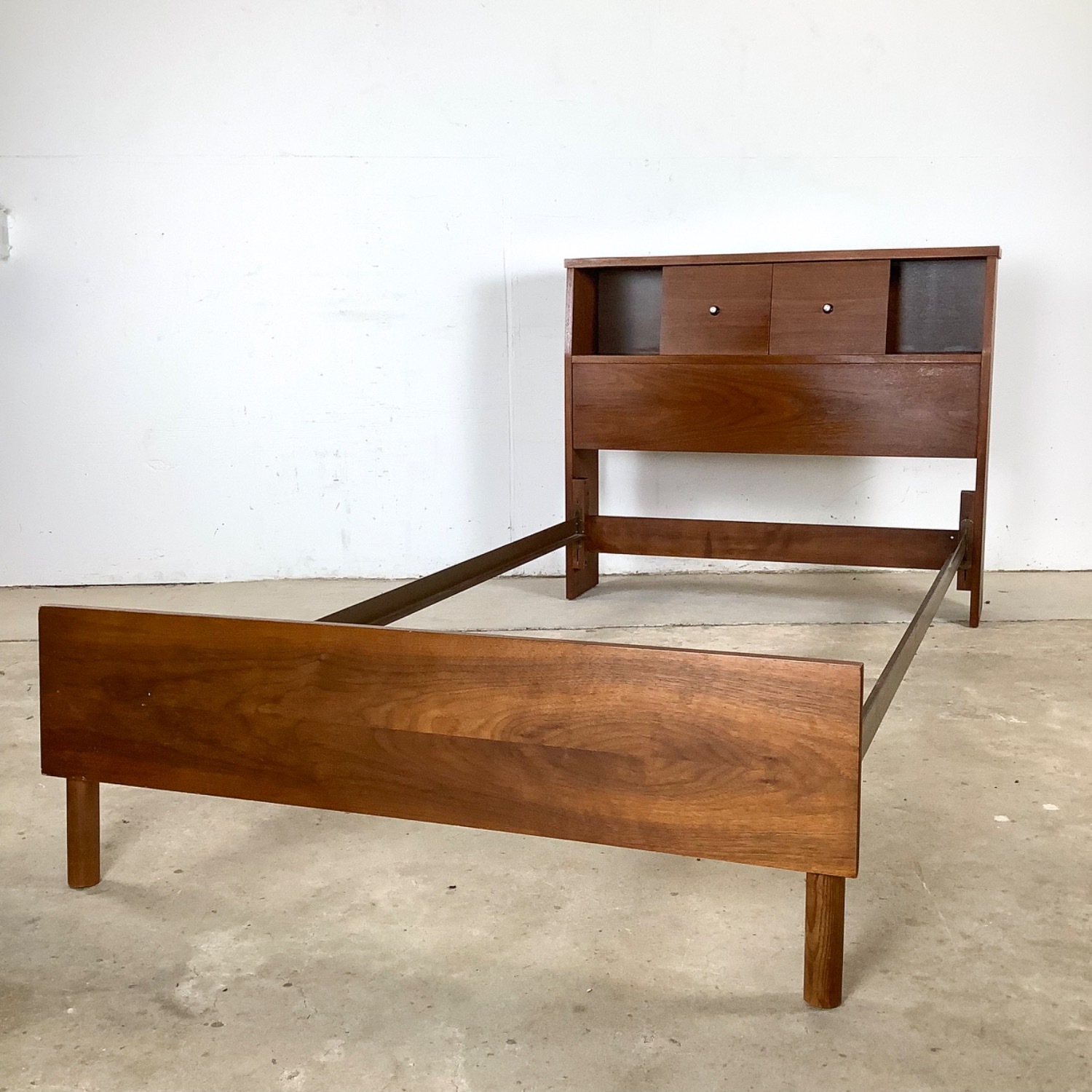 Mid-Century Twin Bedframe With Storage Headboard - image-1