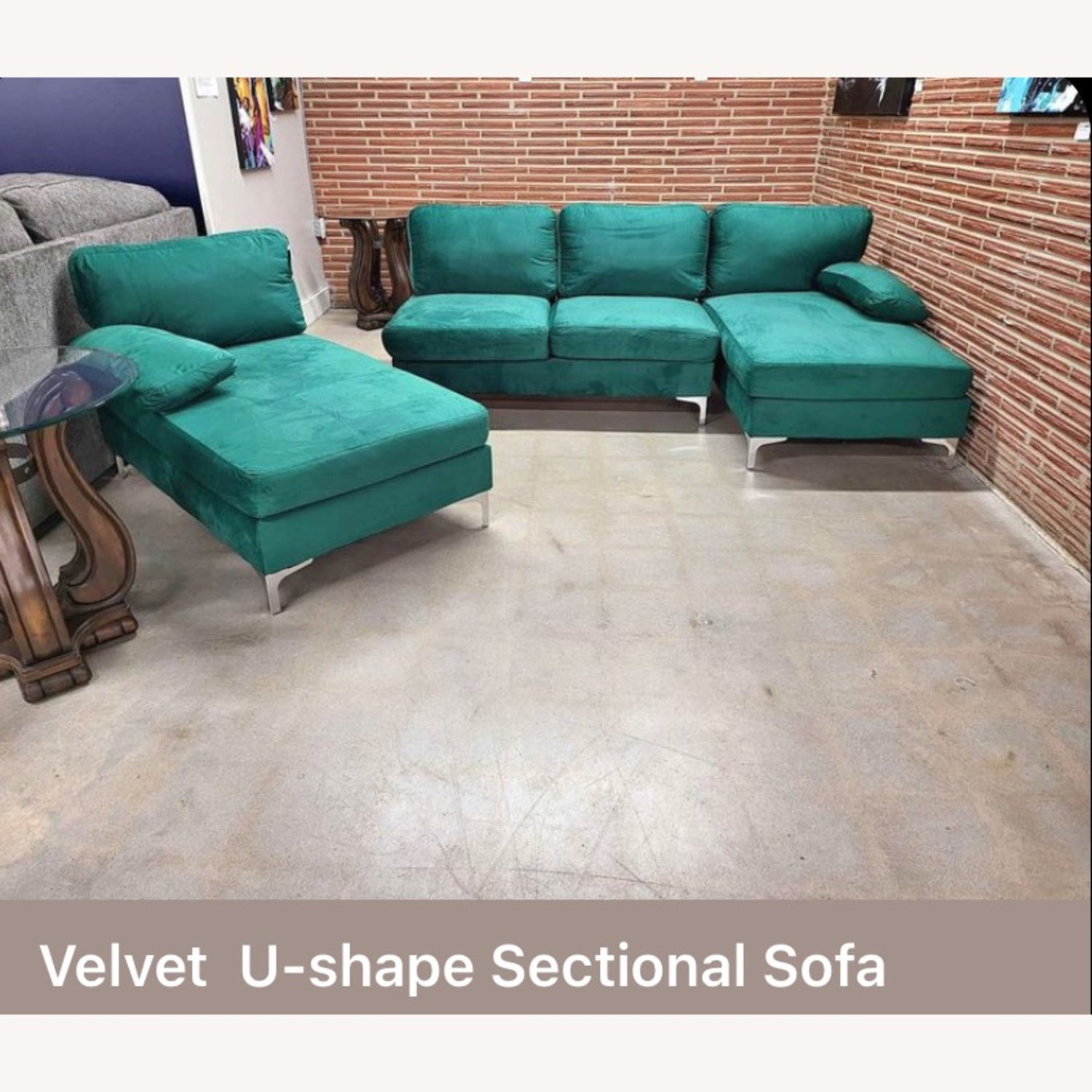 Velvet Green U-Shaped Sectional - image-2
