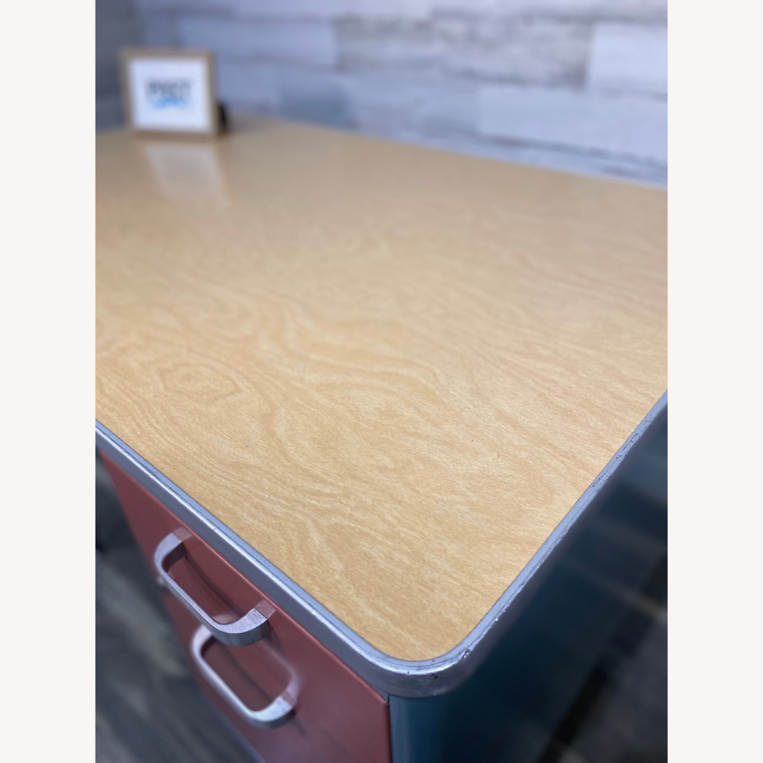 Mid Century Metal Teachers Desk Pink & Blue - image-3