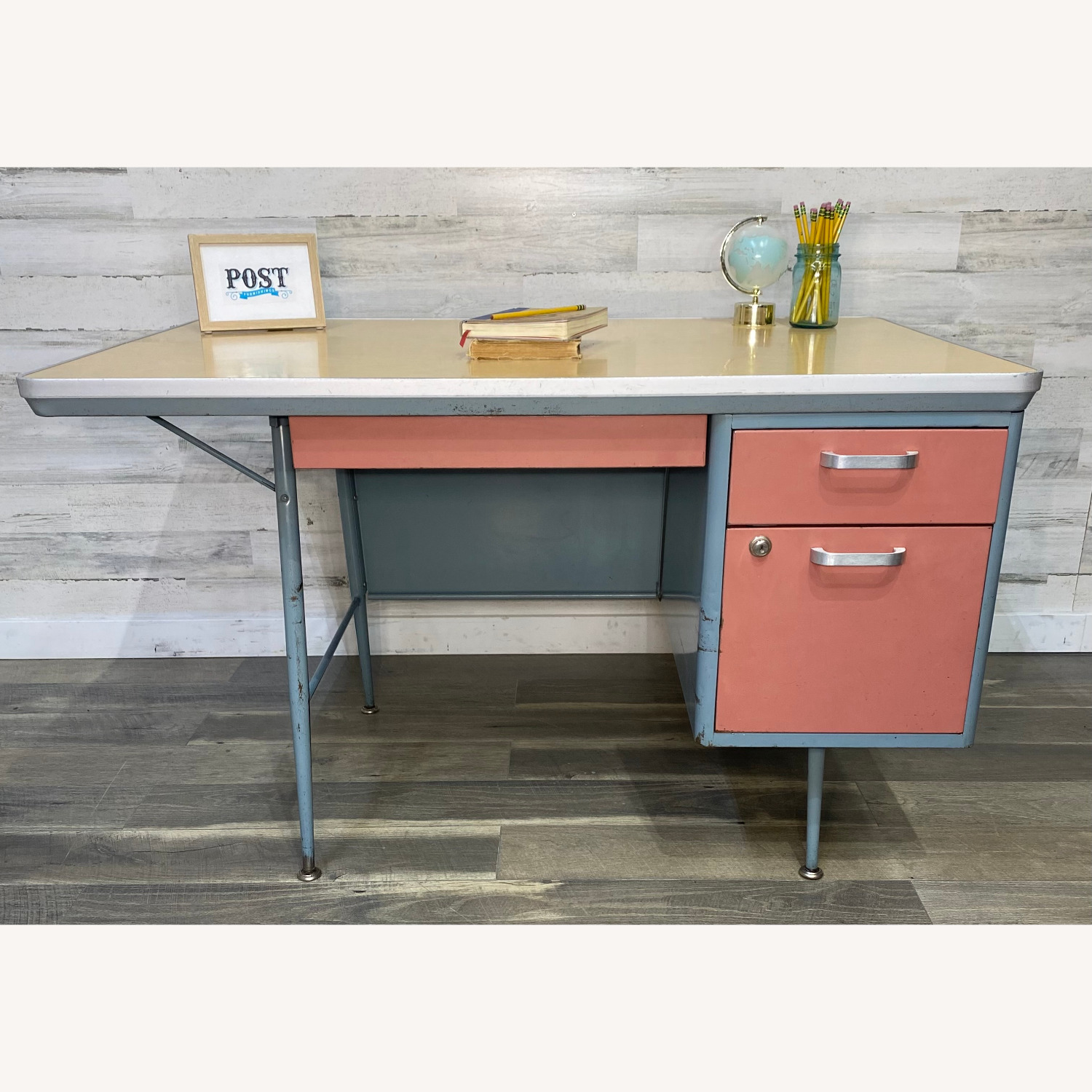 Mid Century Metal Teachers Desk Pink & Blue - image-13