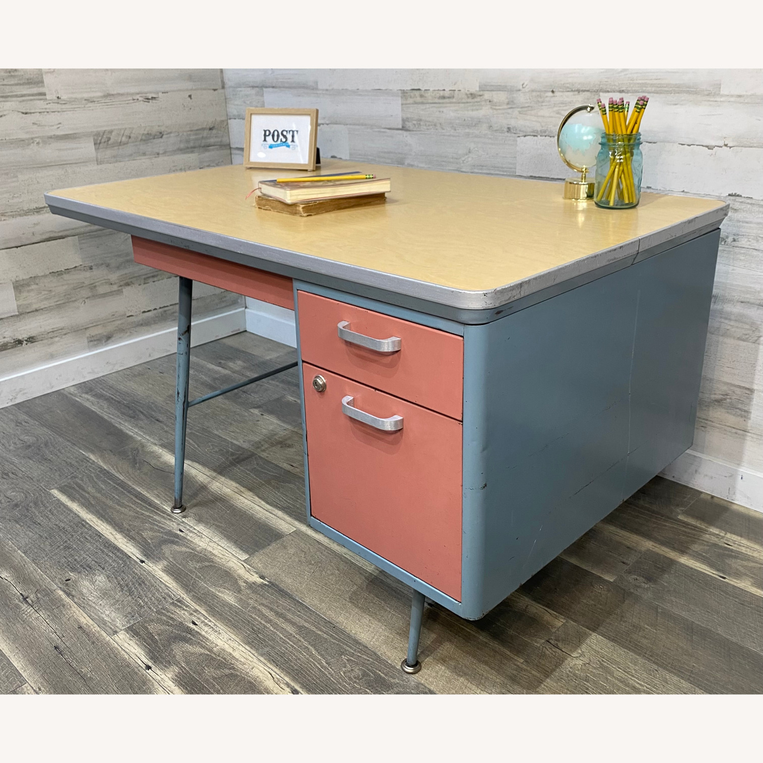 Mid Century Metal Teachers Desk Pink & Blue - image-8
