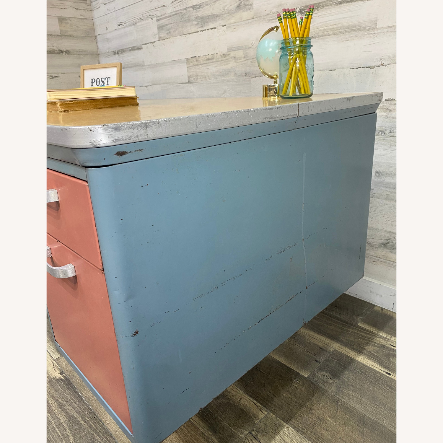 Mid Century Metal Teachers Desk Pink & Blue - image-7