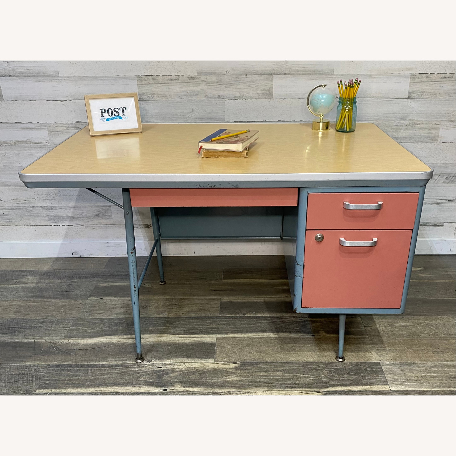Mid Century Metal Teachers Desk Pink & Blue - image-12