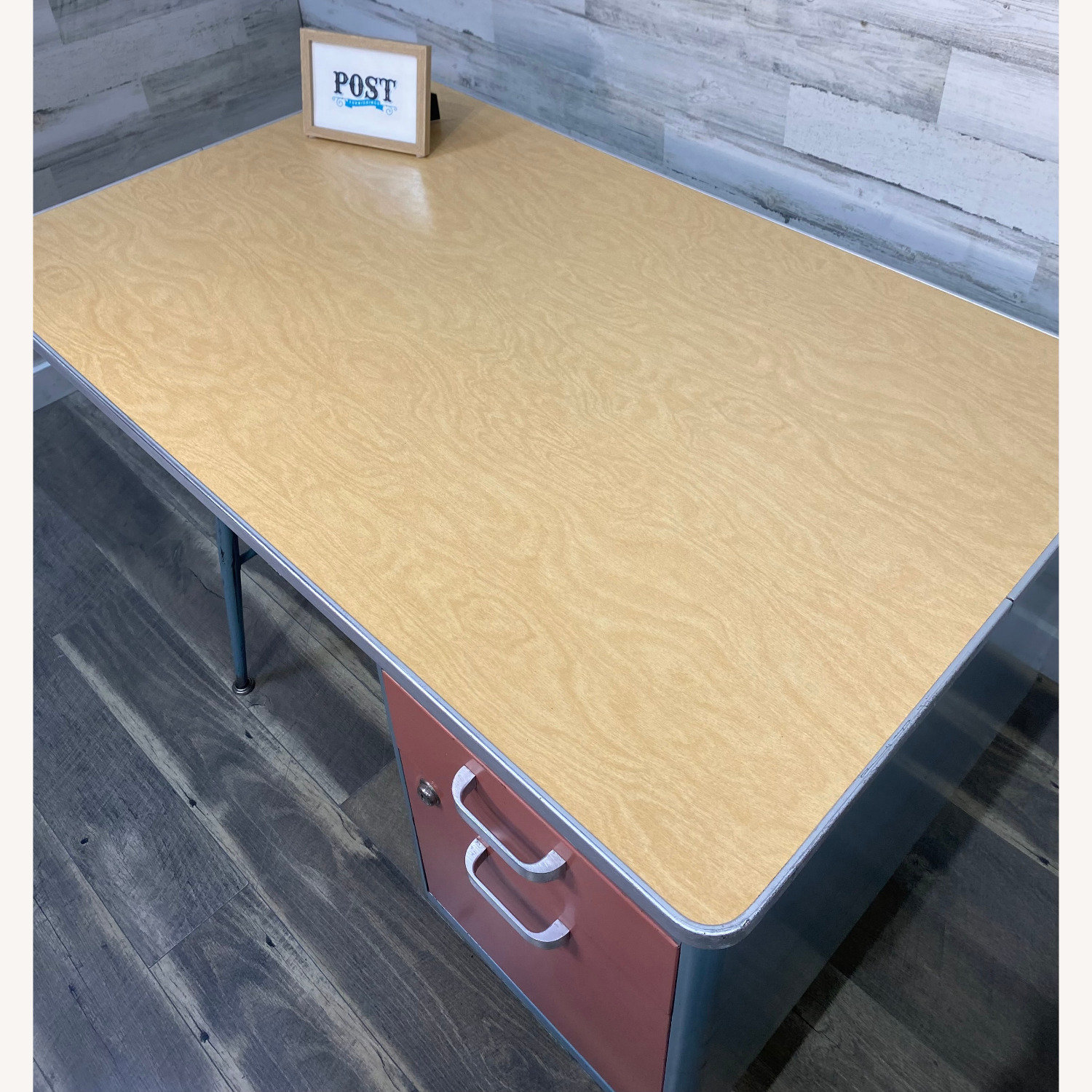 Mid Century Metal Teachers Desk Pink & Blue - image-2