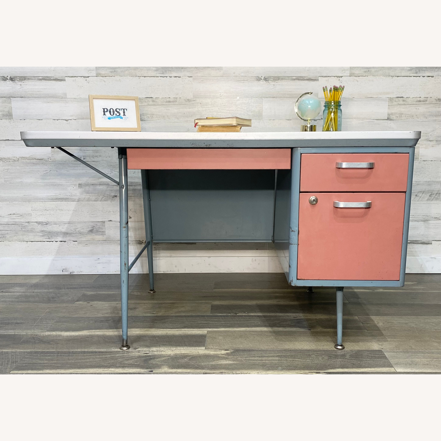 Mid Century Metal Teachers Desk Pink & Blue - image-1