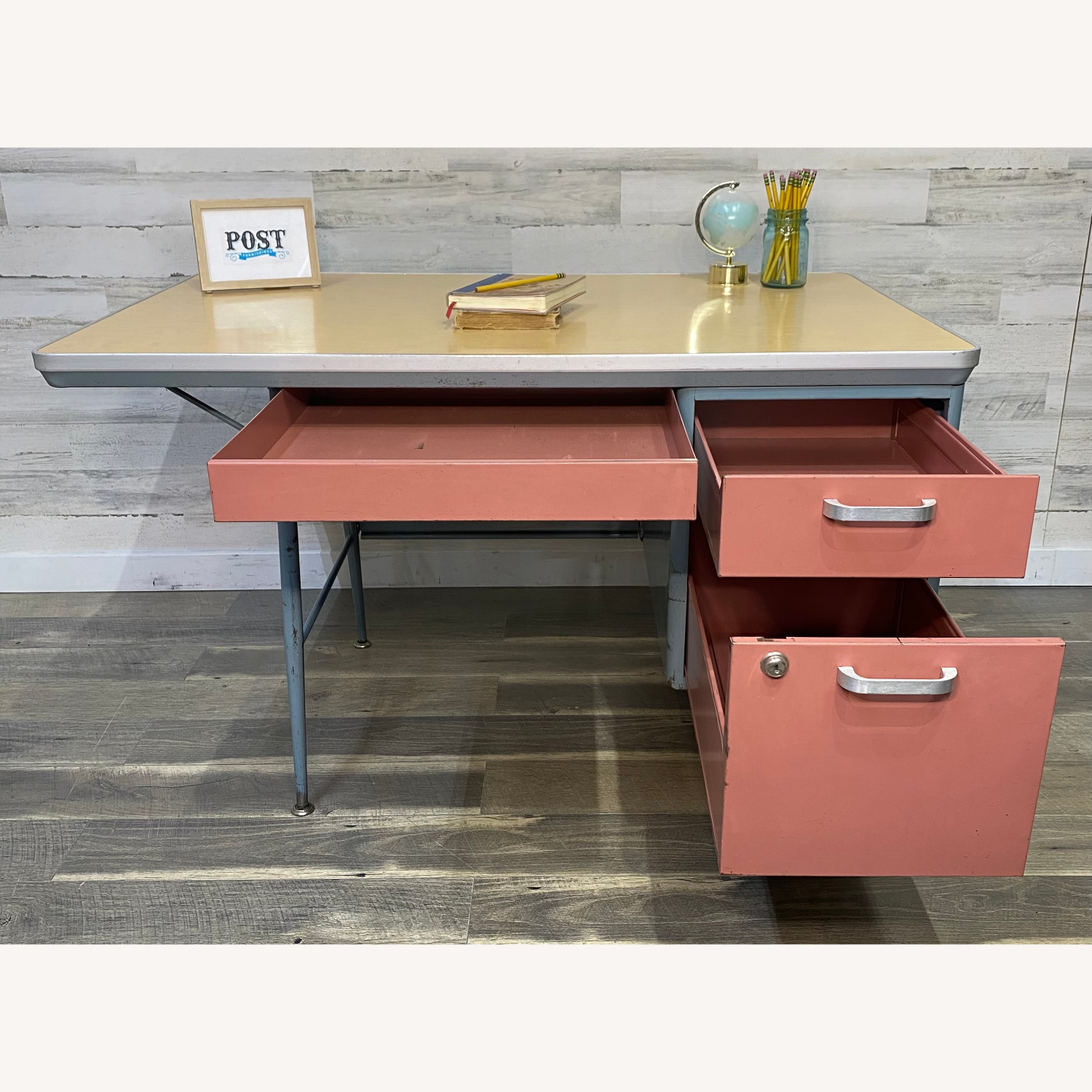 Mid Century Metal Teachers Desk Pink & Blue - image-10