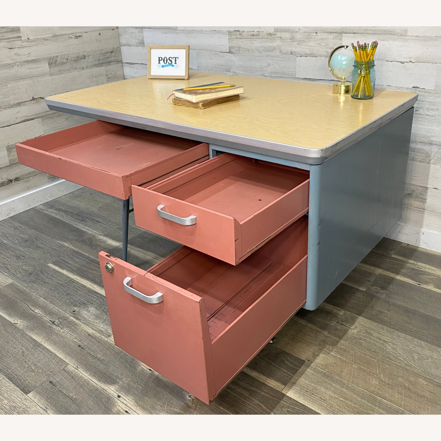 Mid Century Metal Teachers Desk Pink & Blue - image-11