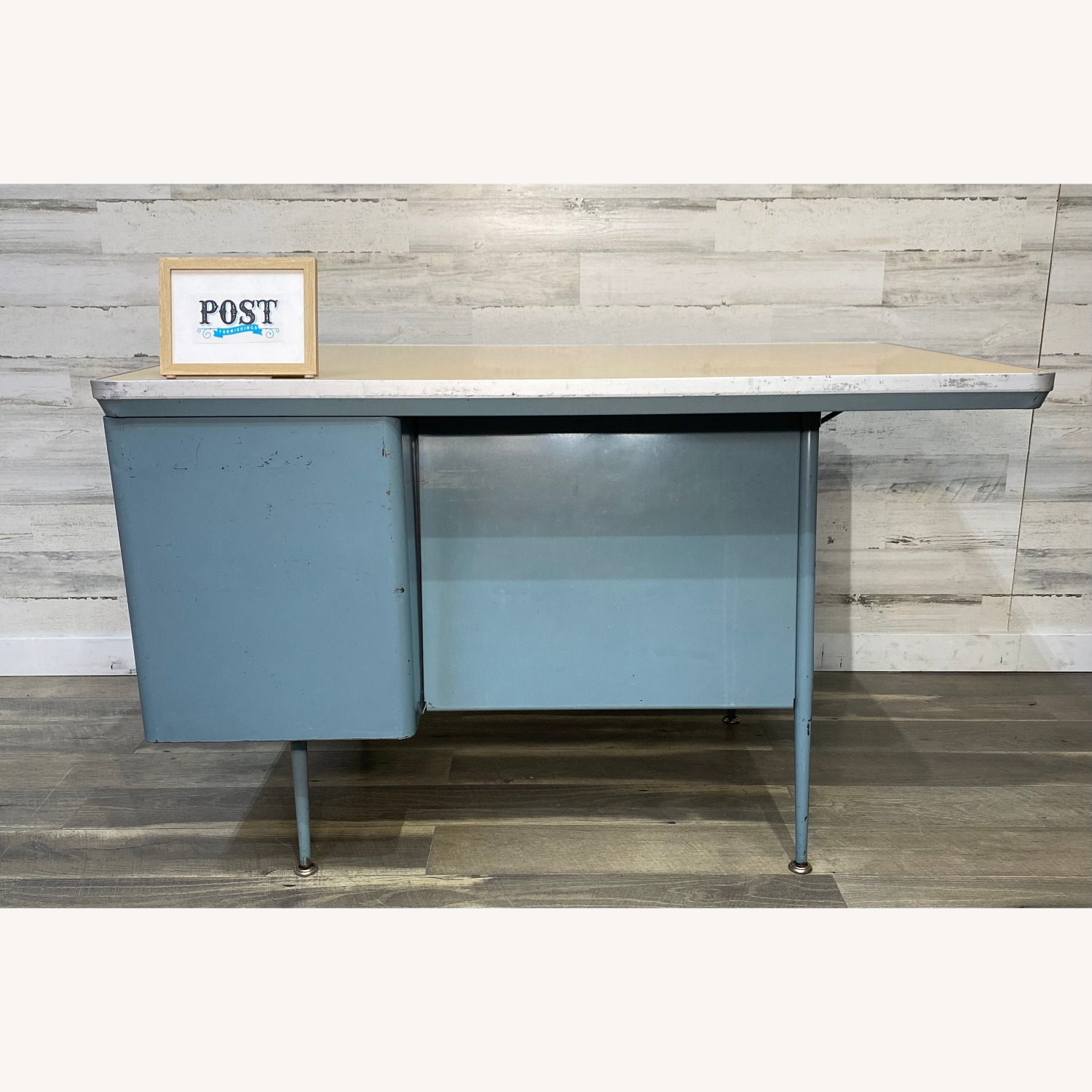 Mid Century Metal Teachers Desk Pink & Blue - image-4