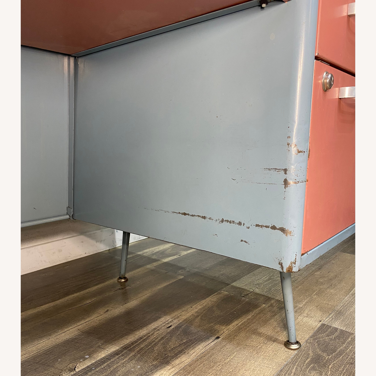 Mid Century Metal Teachers Desk Pink & Blue - image-5
