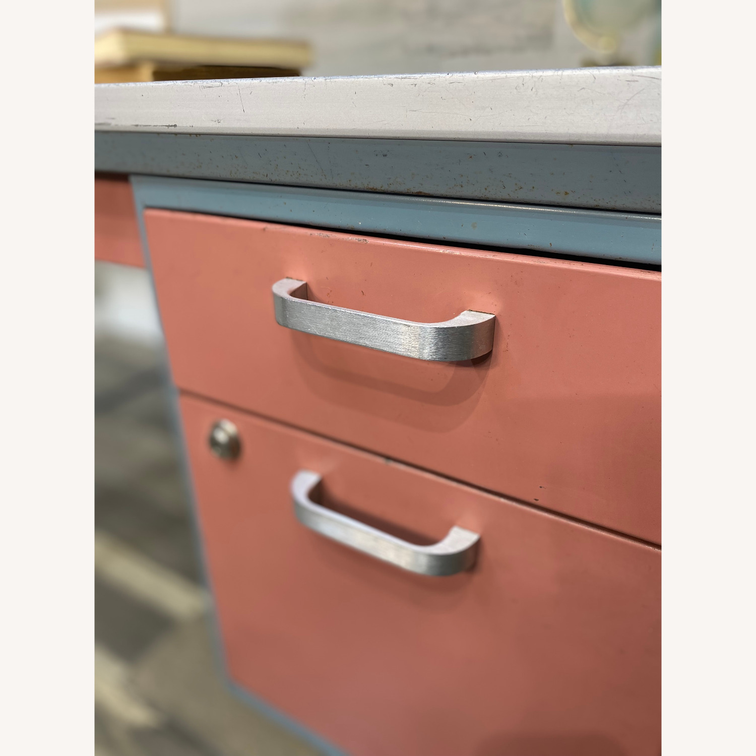 Mid Century Metal Teachers Desk Pink & Blue - image-9