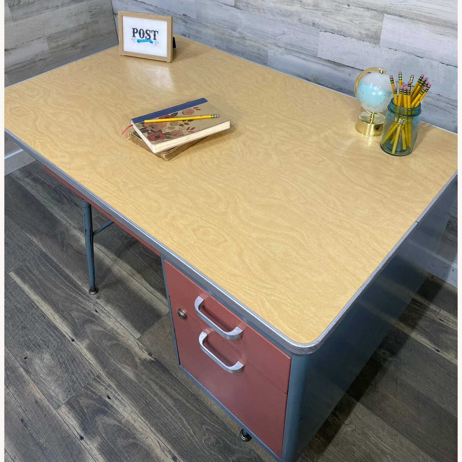 Mid Century Metal Teachers Desk Pink & Blue - image-6