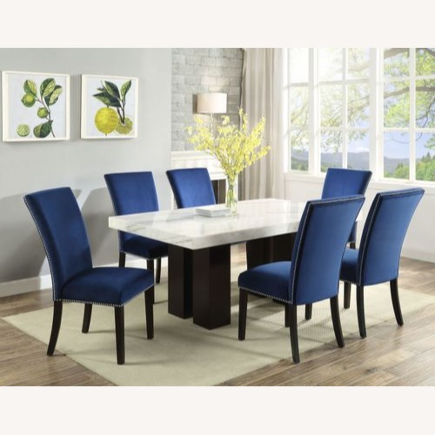 White Marble Dining & 6 Blue Soft Dining Chairs - image-2