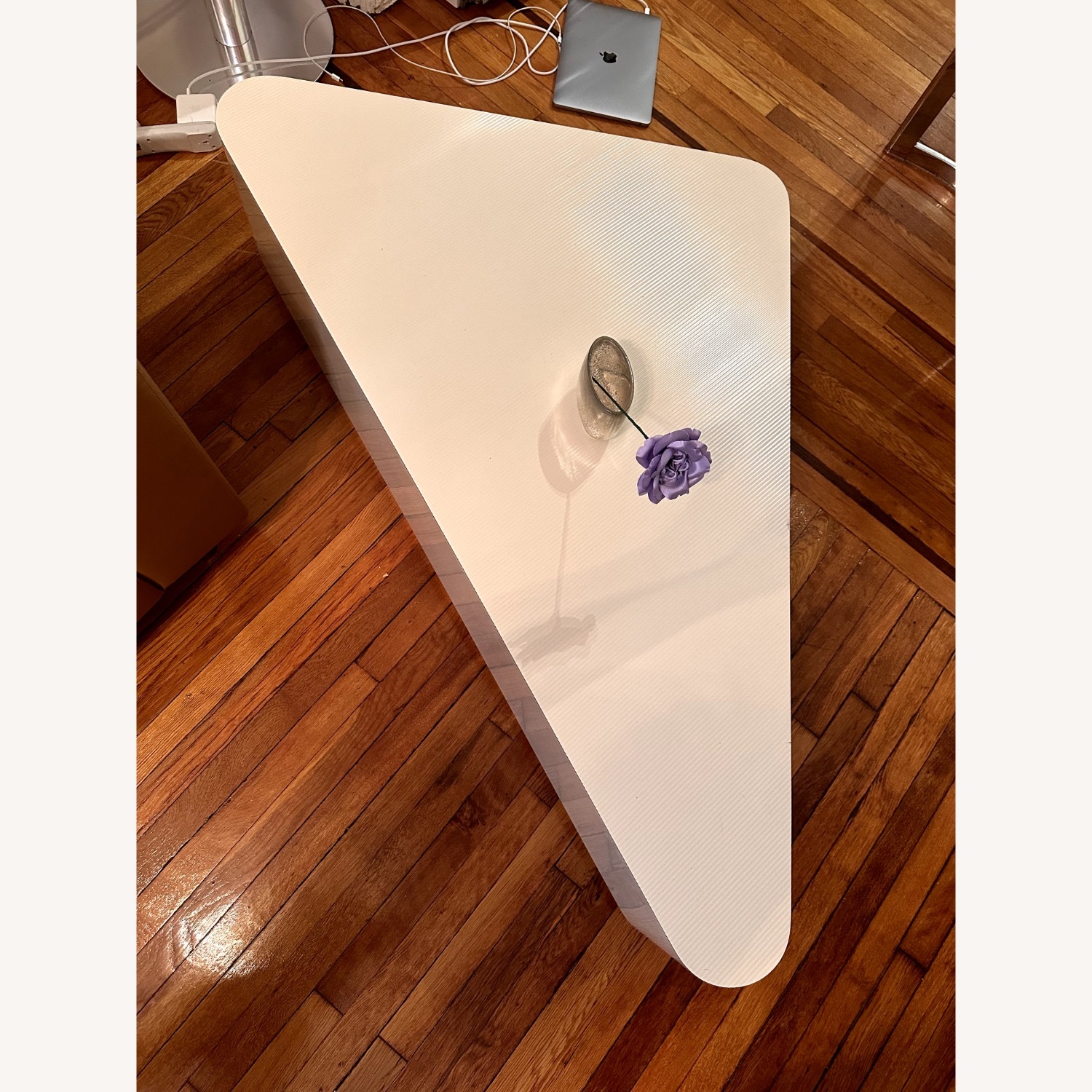 White Triangle Table with Mirrored Base - image-2