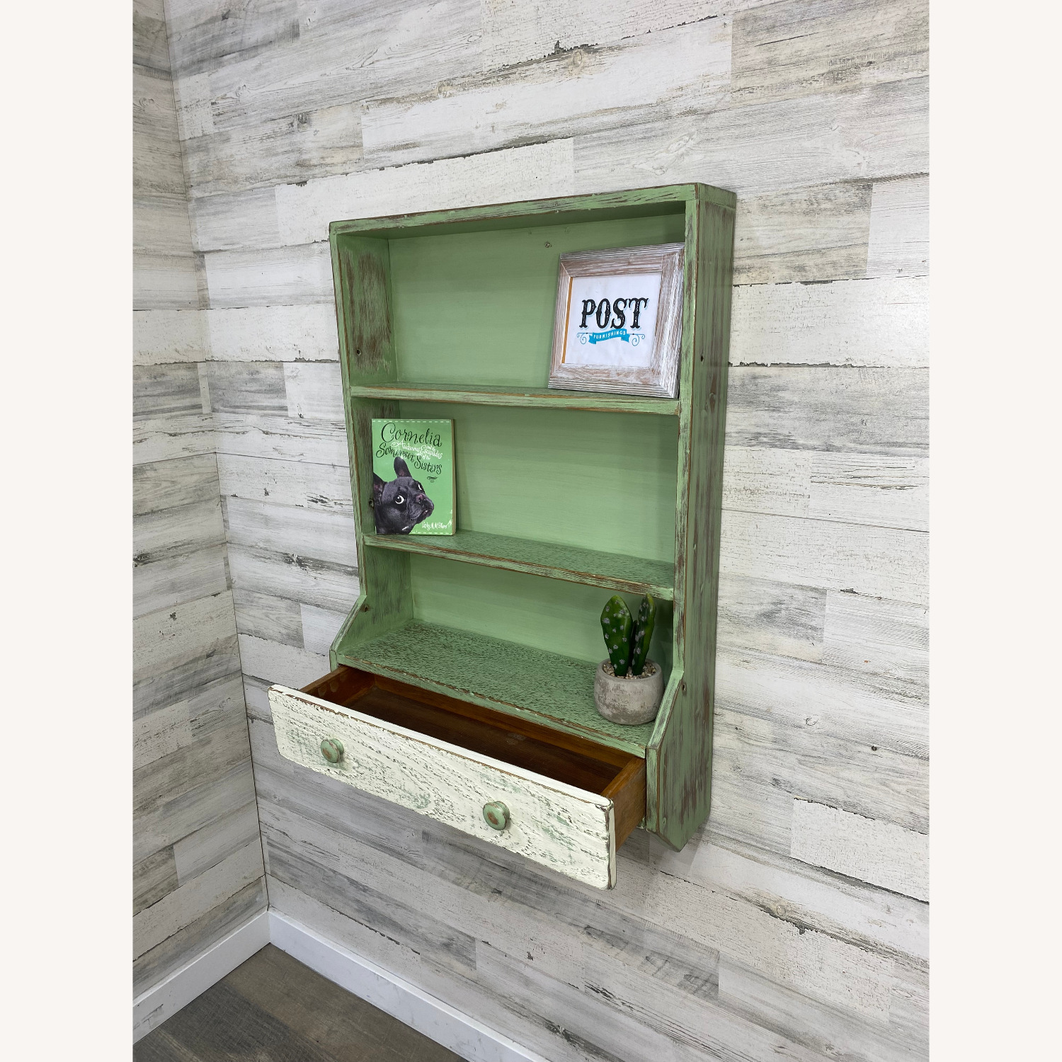 Green Rustic Wood Hanging Shelf - image-2