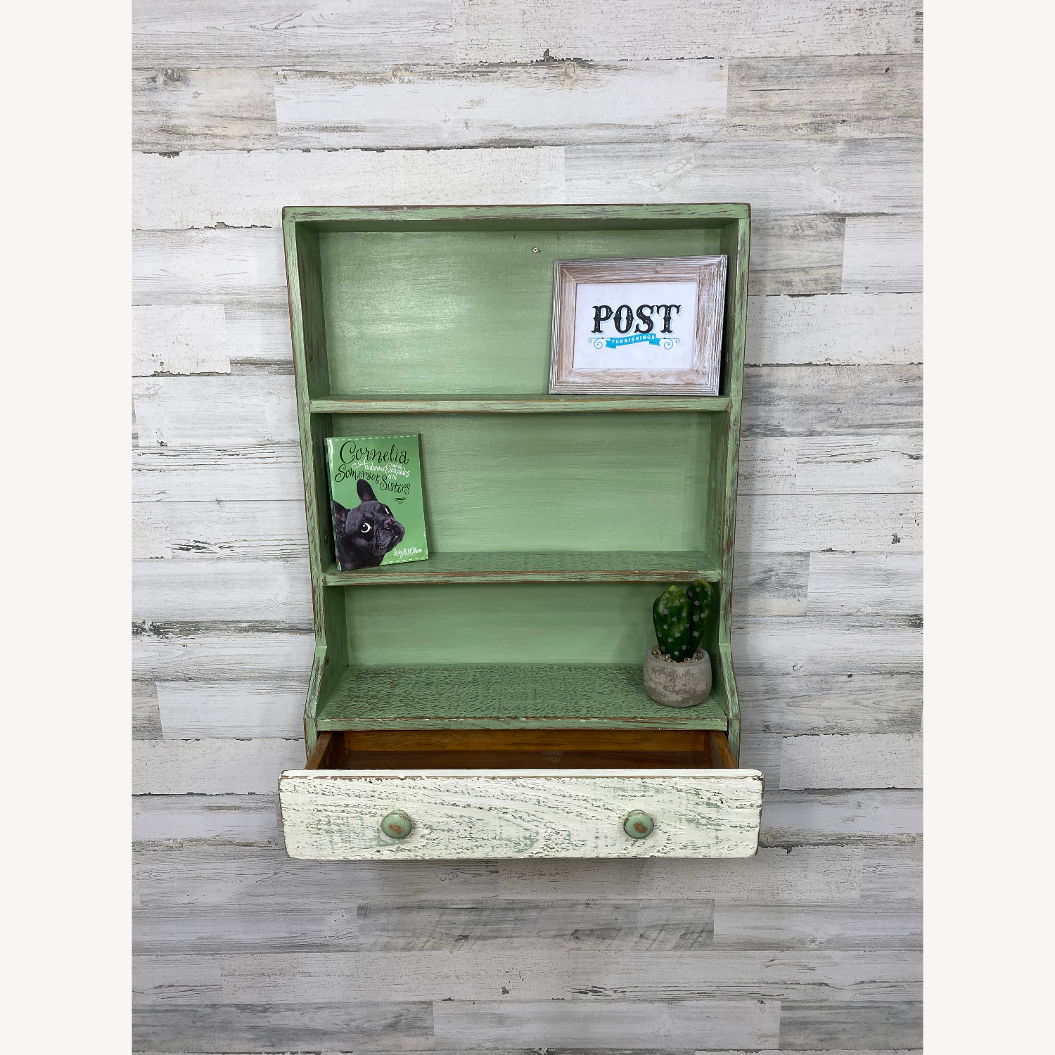 Green Rustic Wood Hanging Shelf - image-7