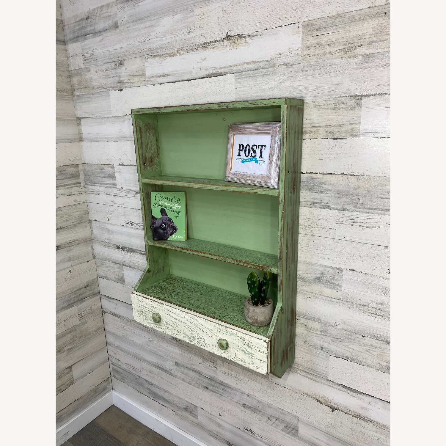 Green Rustic Wood Hanging Shelf - image-3