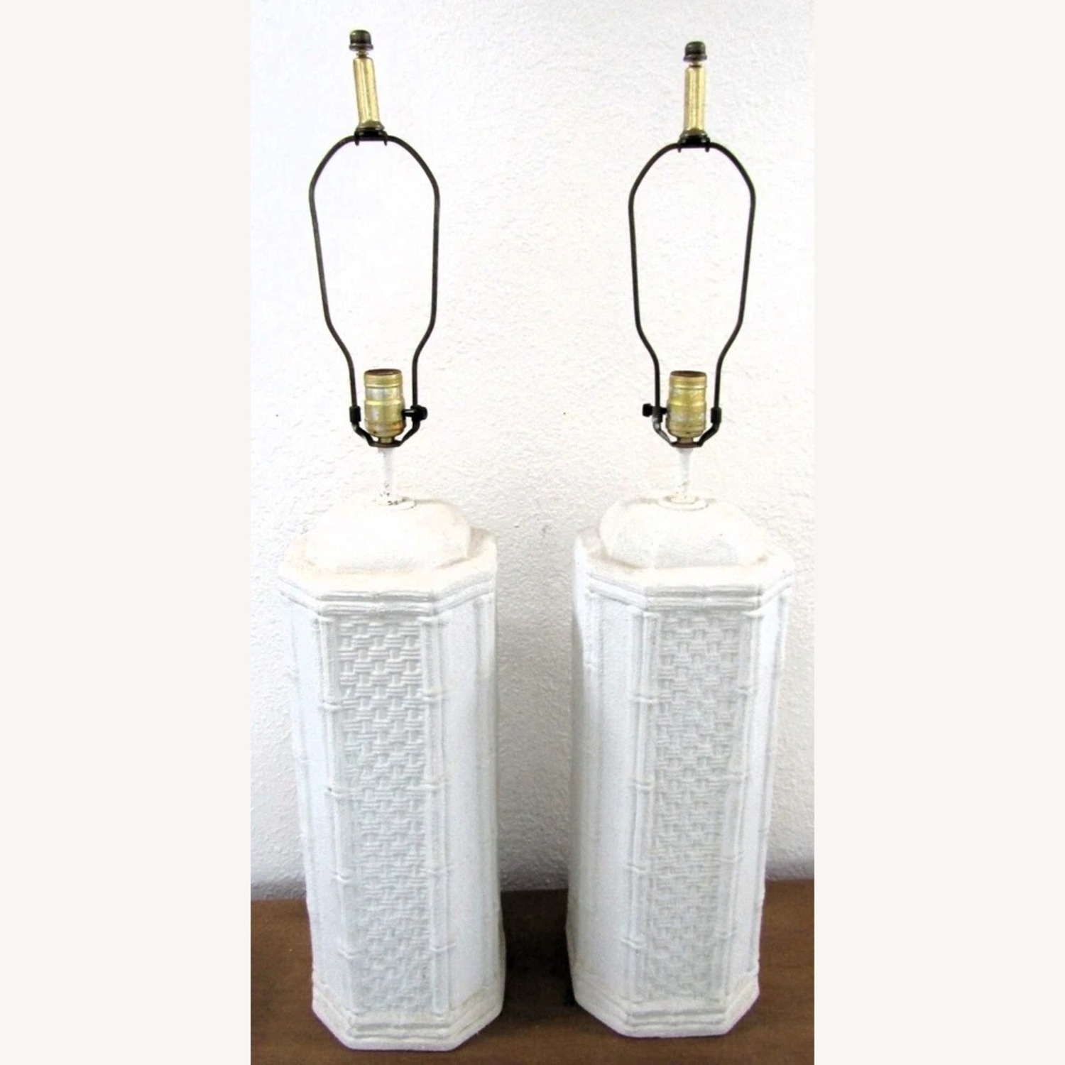 Pair White Ceramic Bamboo and Woven Table Lamps - image-2