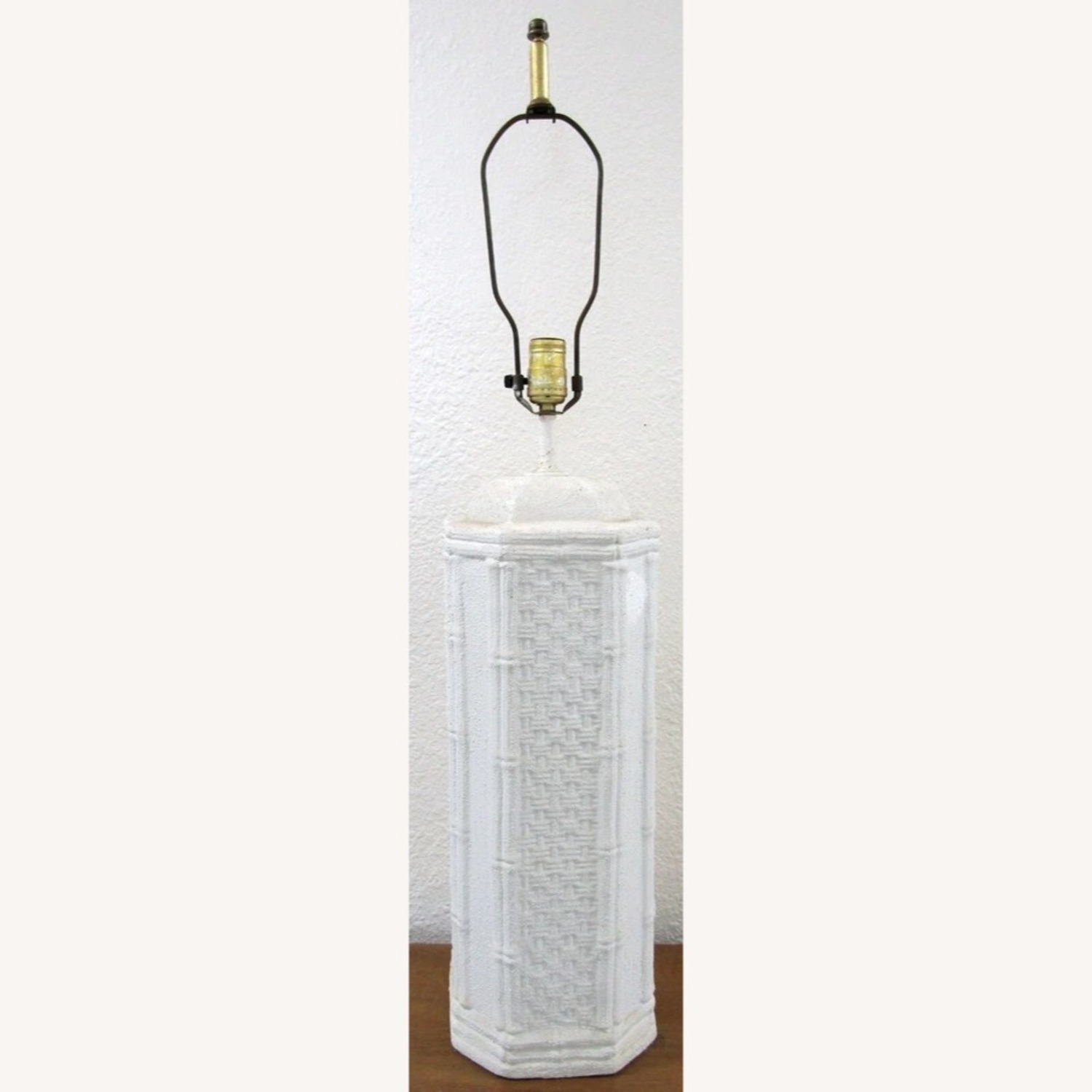 Pair White Ceramic Bamboo and Woven Table Lamps - image-3