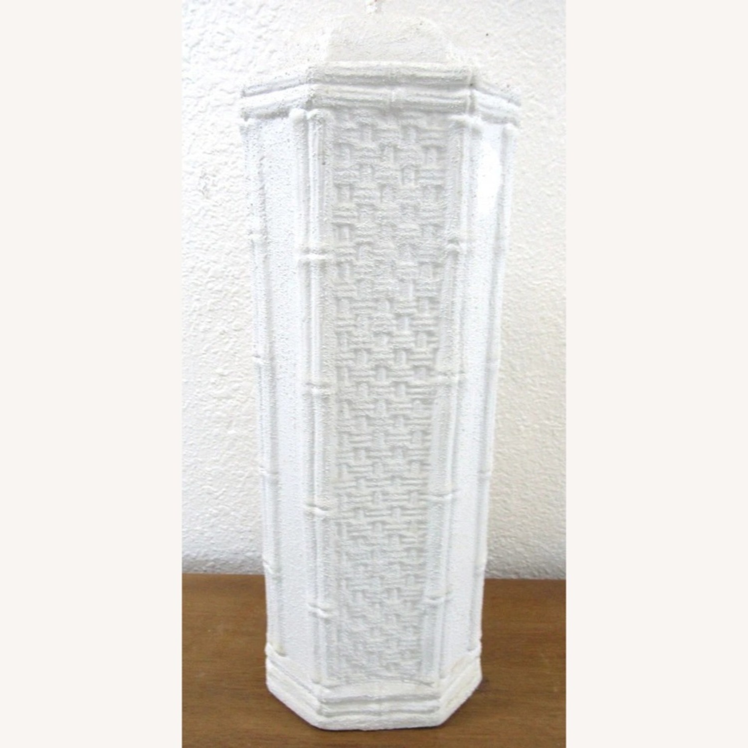 Pair White Ceramic Bamboo and Woven Table Lamps - image-4