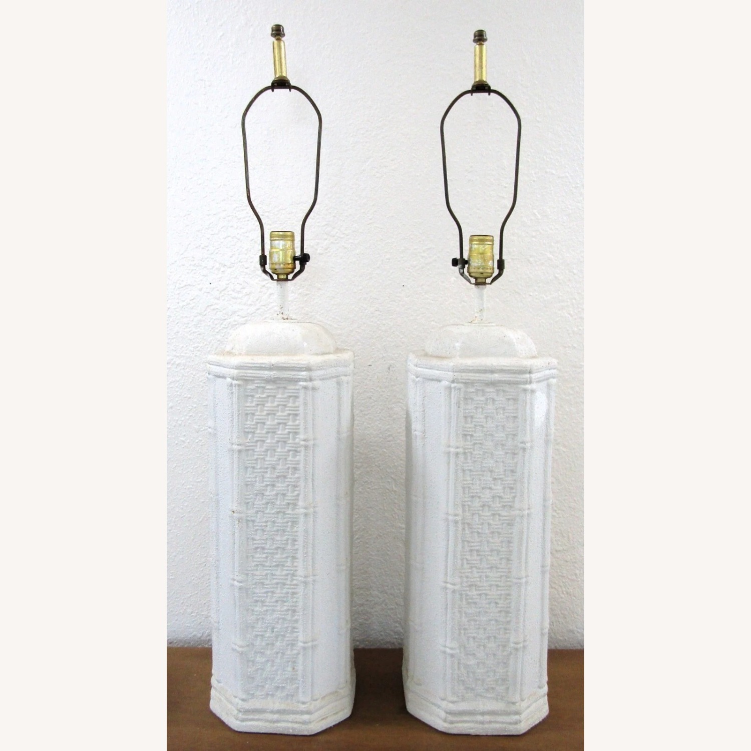 Pair White Ceramic Bamboo and Woven Table Lamps - image-1