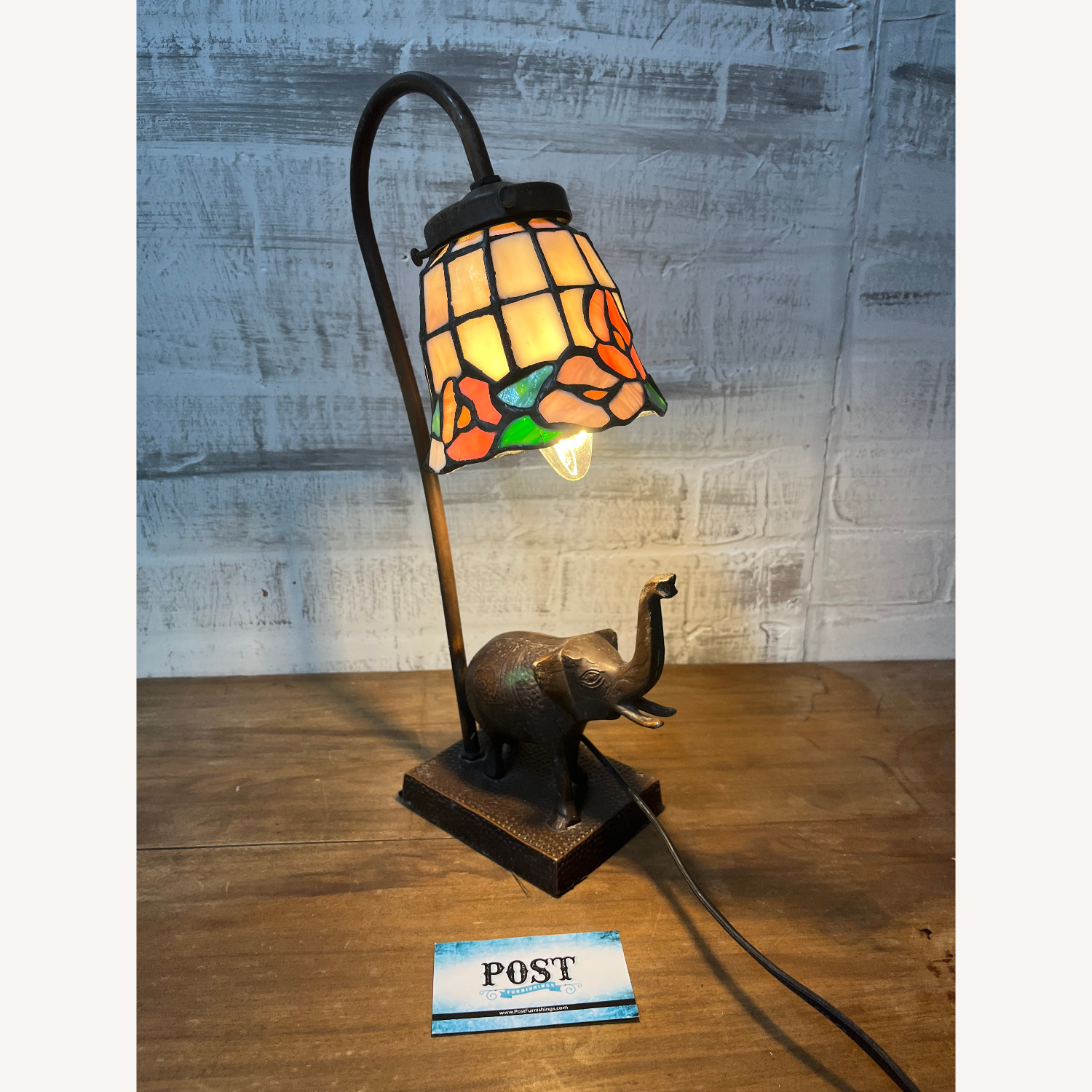 Stained Slag Glass Elephant Desk Lamp - image-6