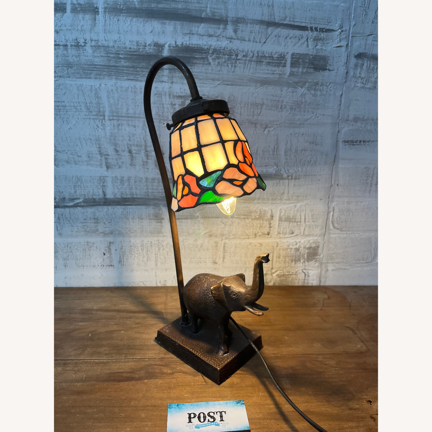 Stained Slag Glass Elephant Desk Lamp - image-7