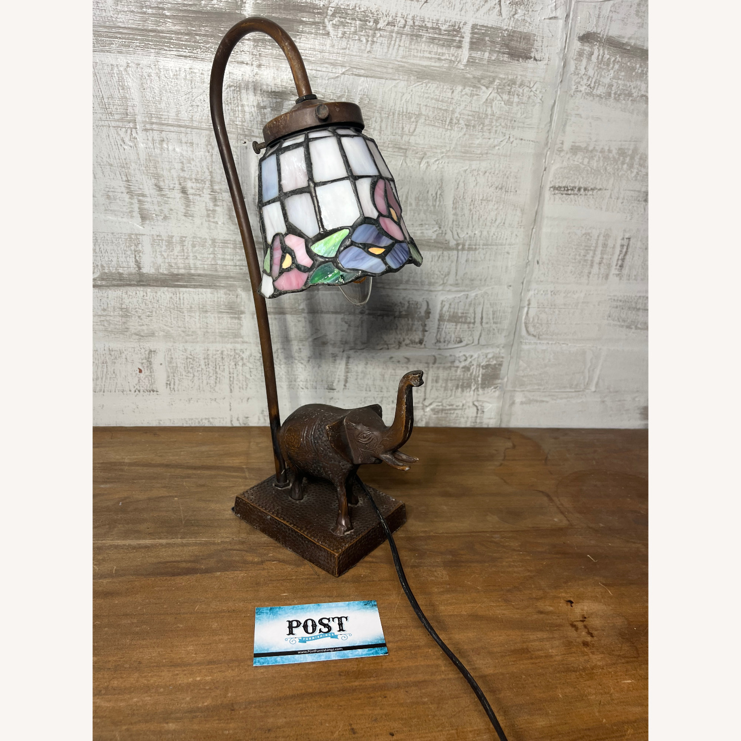 Stained Slag Glass Elephant Desk Lamp - image-4