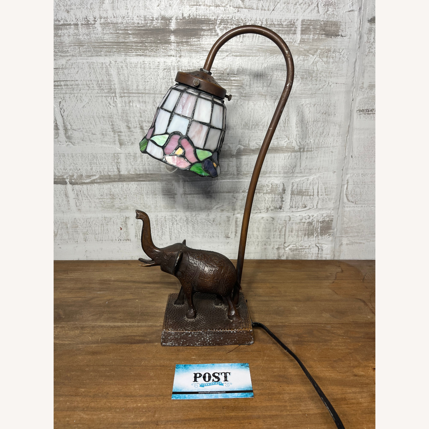 Stained Slag Glass Elephant Desk Lamp - image-1