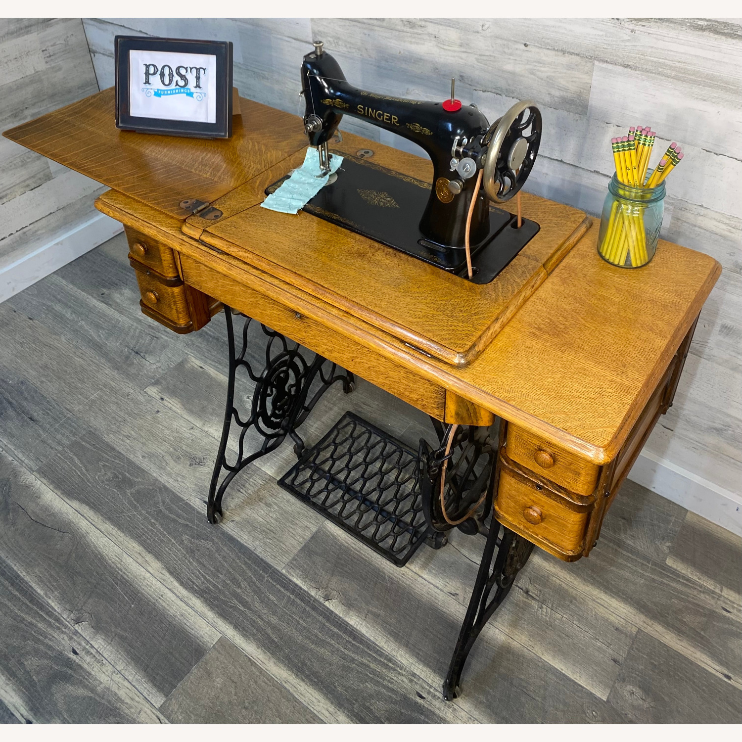 Antique Singer Sewing Machine & Desk - image-7