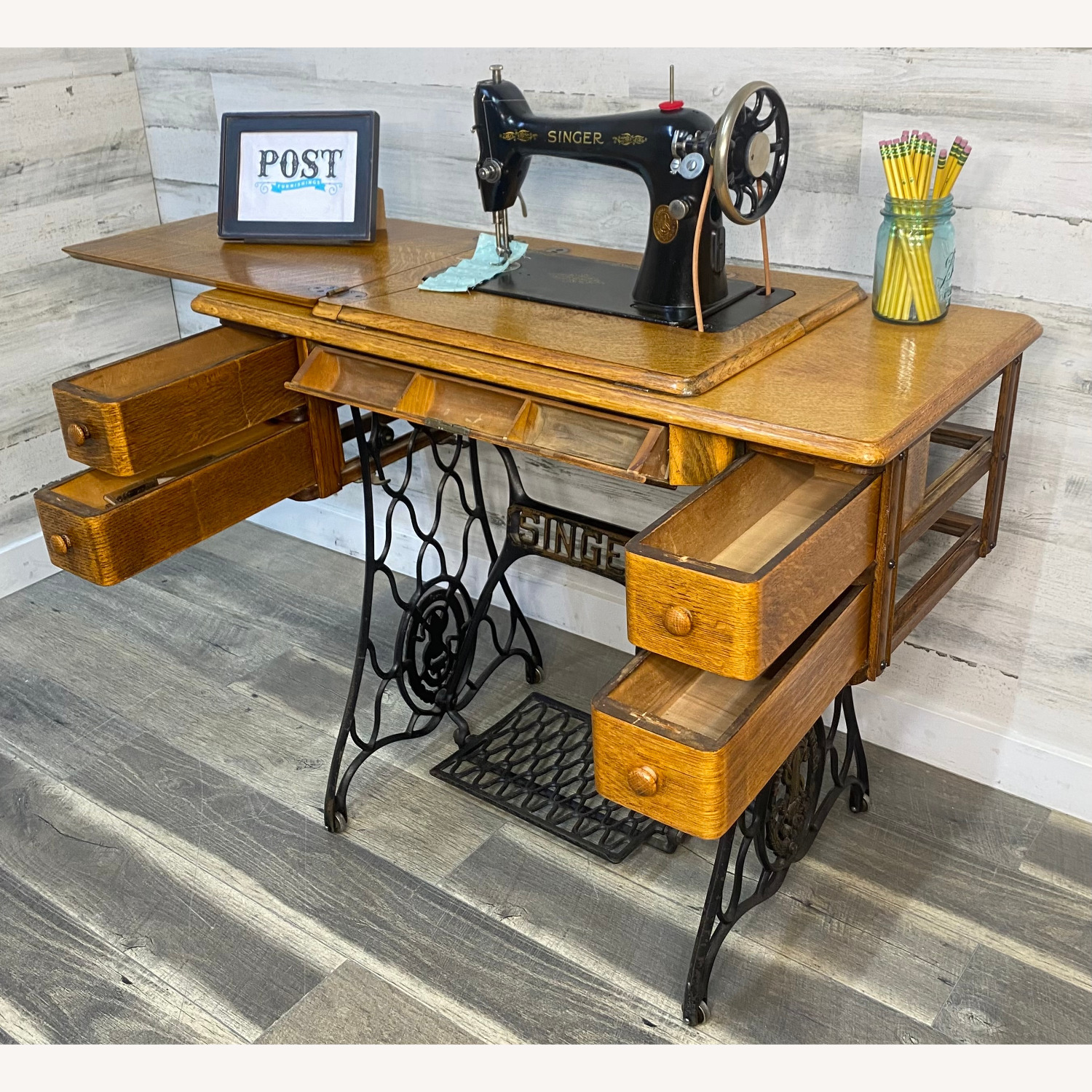 Antique Singer Sewing Machine & Desk - image-10