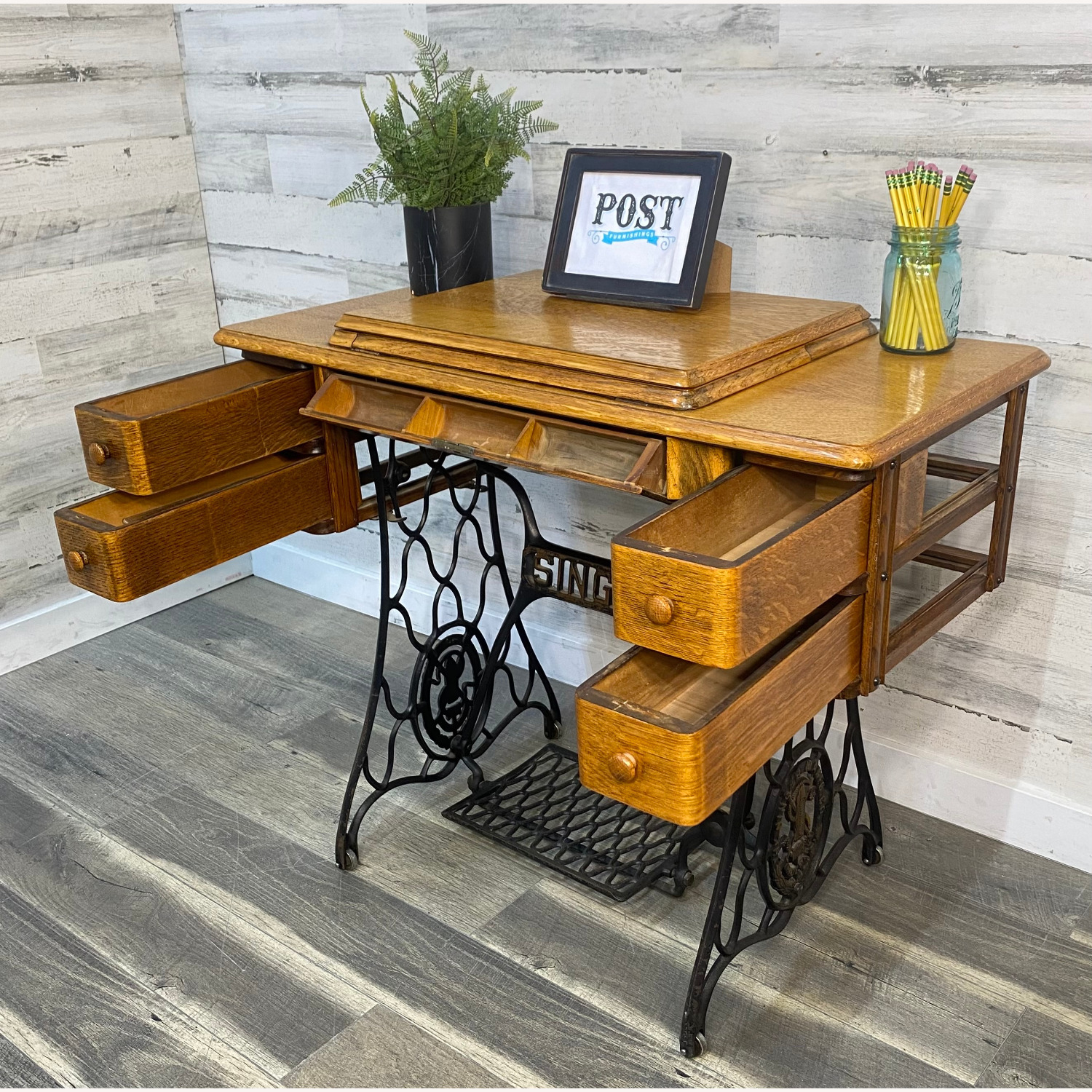Antique Singer Sewing Machine & Desk - image-12