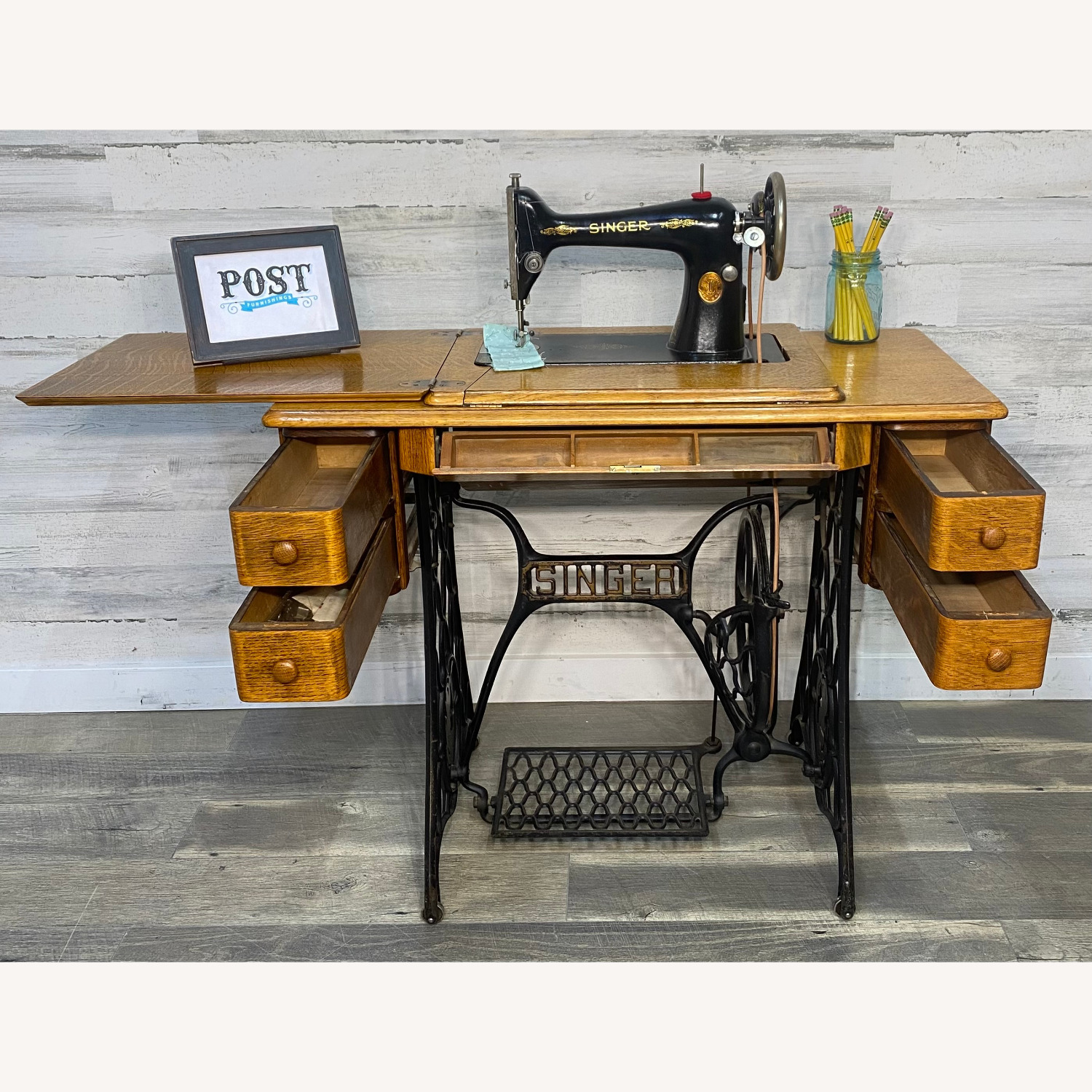 Antique Singer Sewing Machine & Desk - image-13