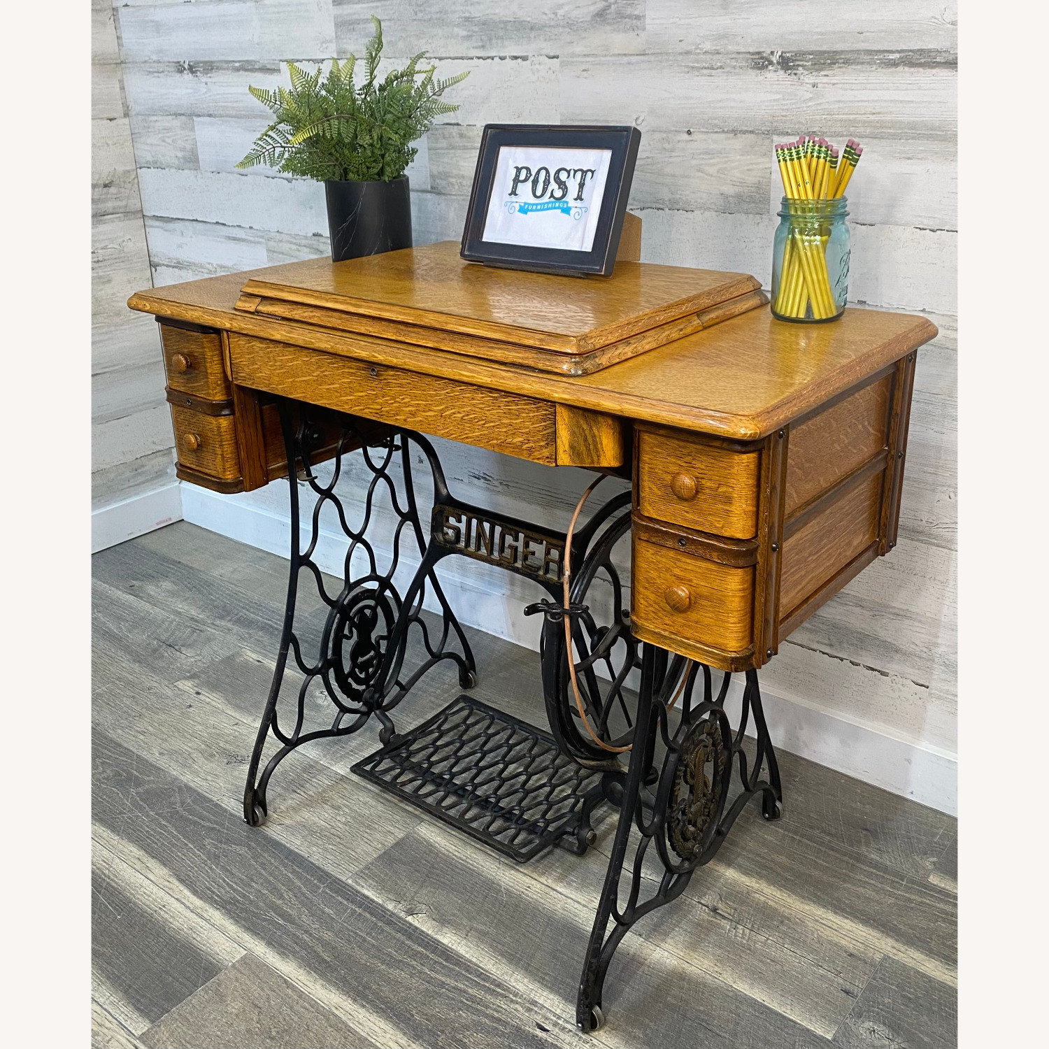 Antique Singer Sewing Machine & Desk - image-3