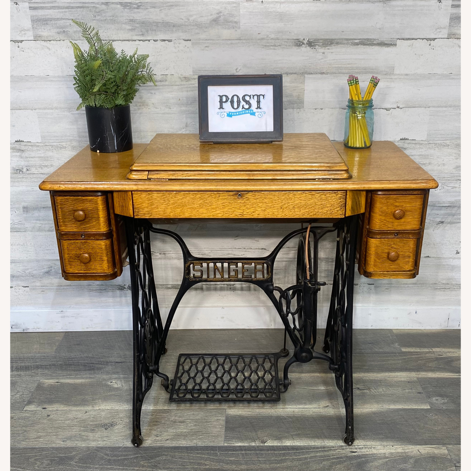 Antique Singer Sewing Machine & Desk - image-2