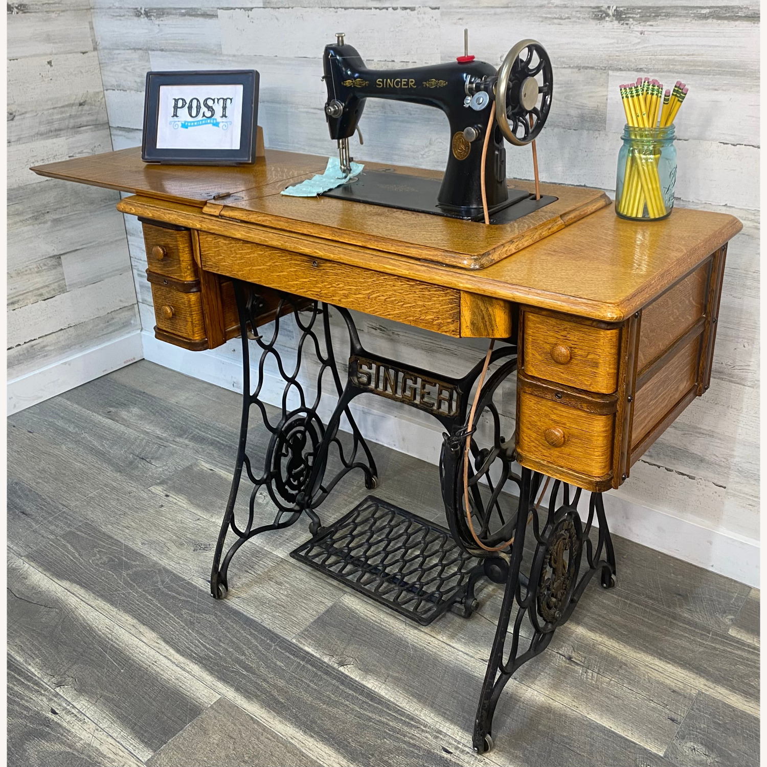 Antique Singer Sewing Machine & Desk - image-8
