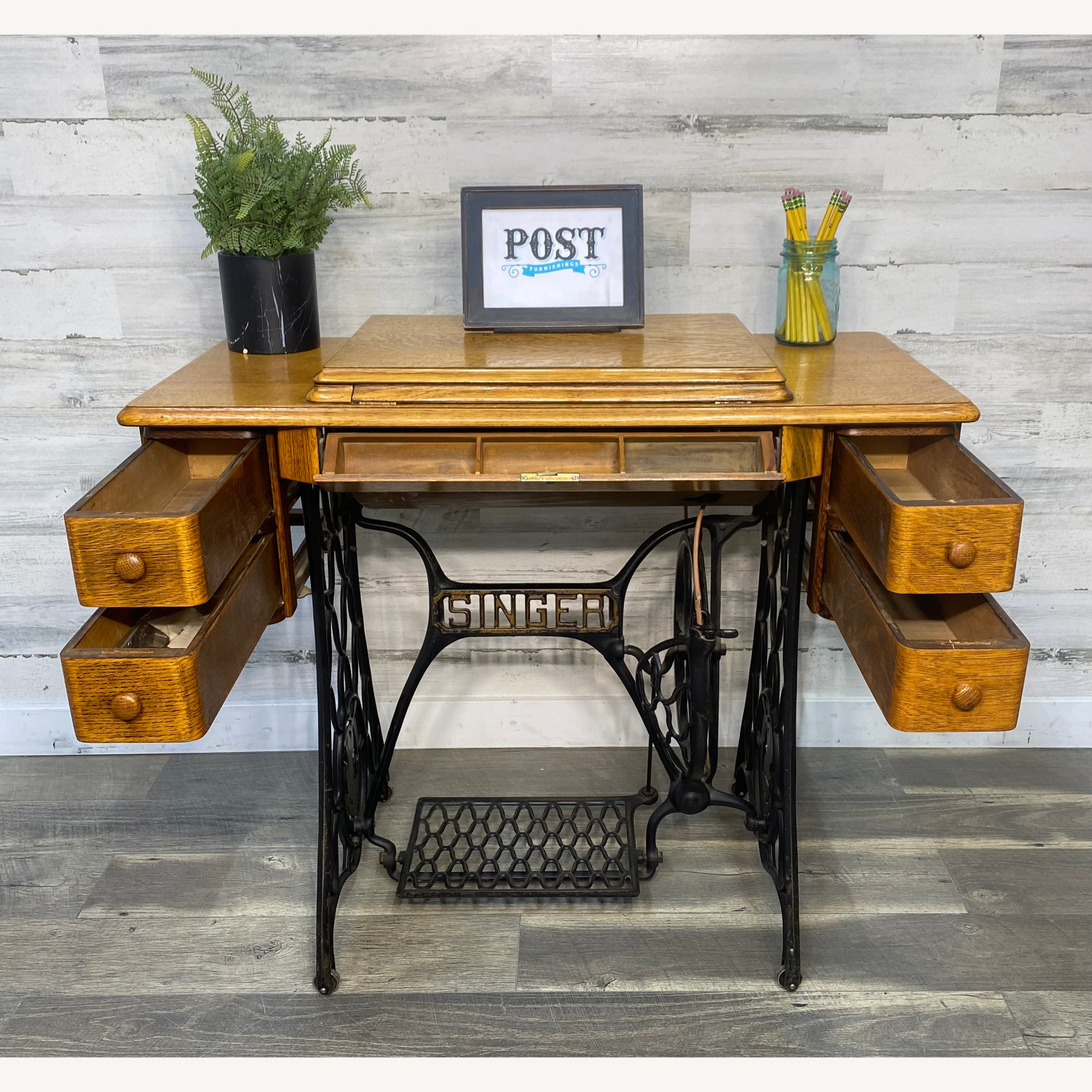 Antique Singer Sewing Machine & Desk - image-11
